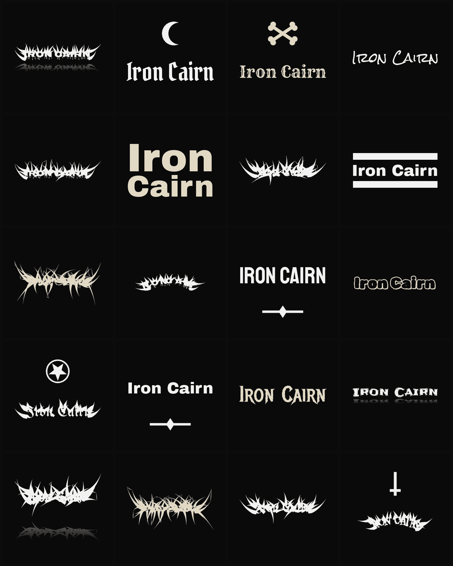 Twenty Iron Cairn band logo ideas — different faces, treatments and spike settings