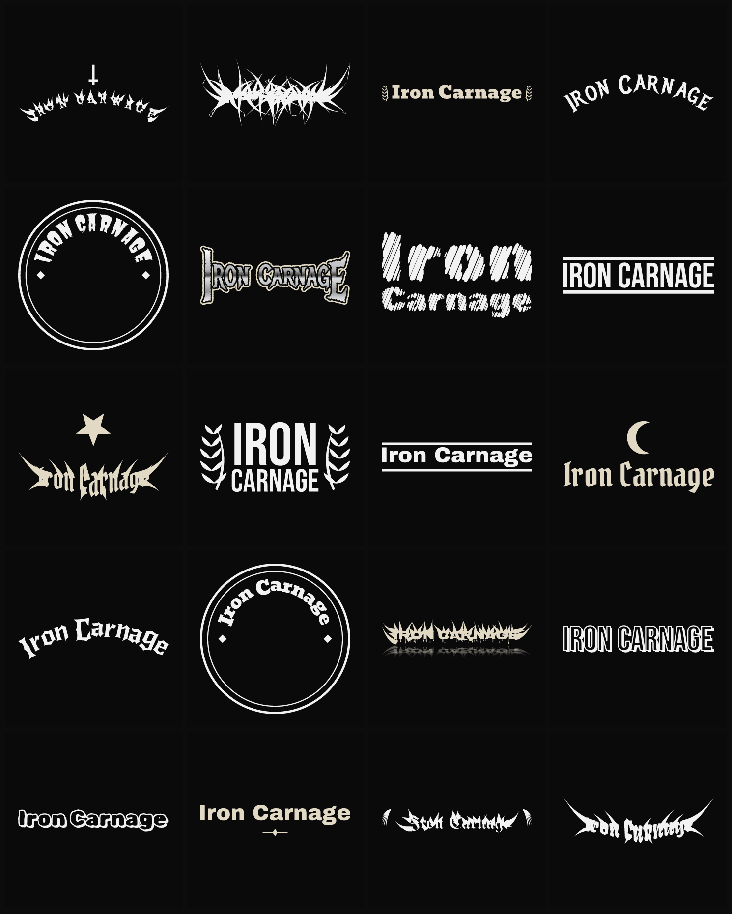 Twenty Iron Carnage band logo ideas — different faces, treatments and spike settings