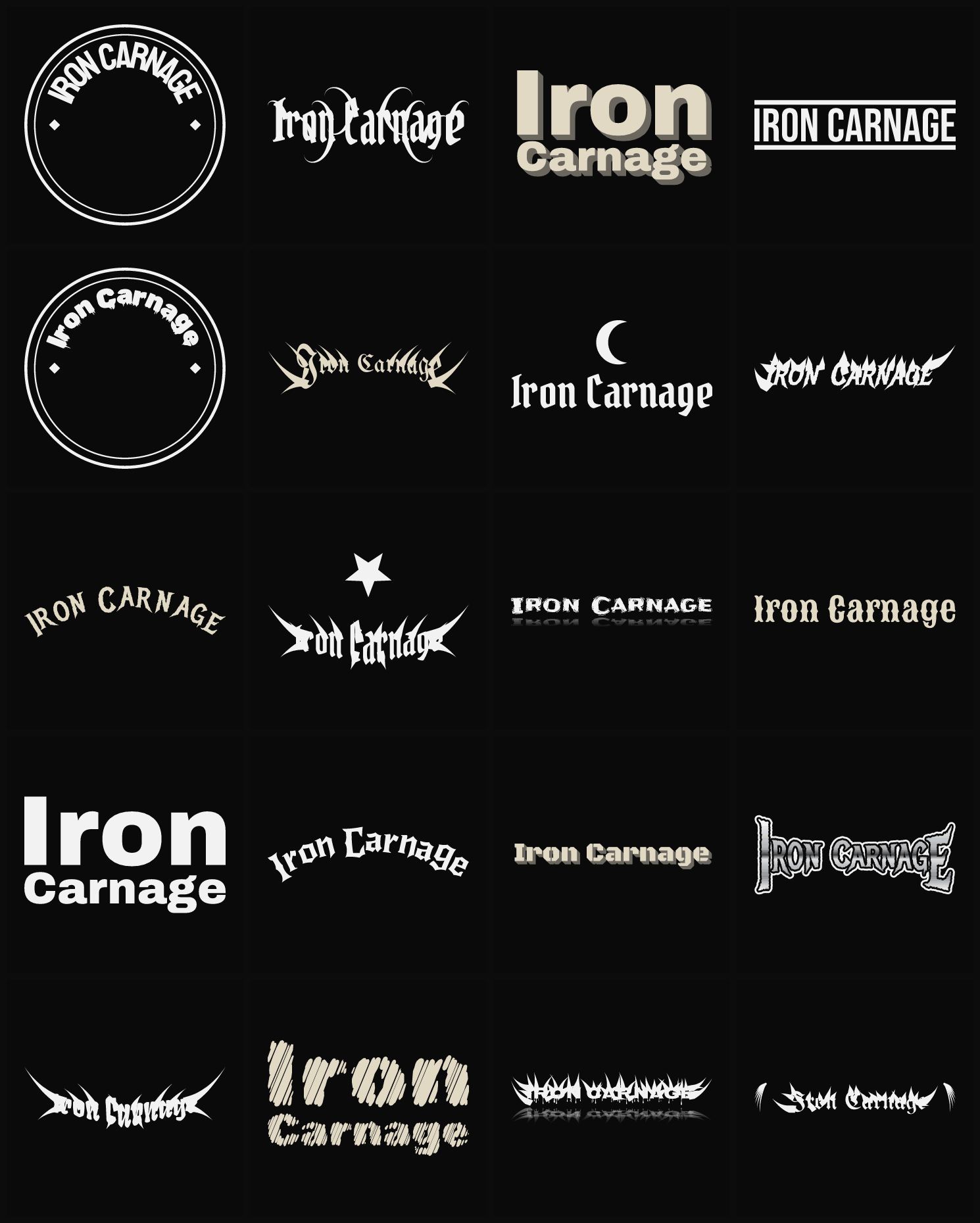 Twenty Iron Carnage band logo ideas — different faces, treatments and spike settings