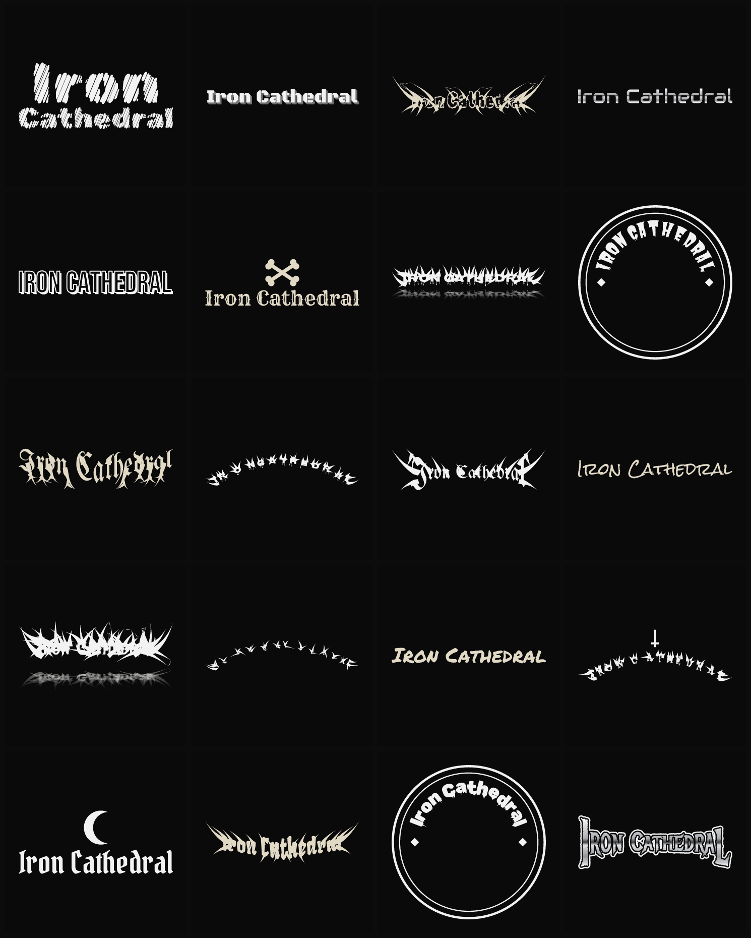 Twenty Iron Cathedral band logo ideas — different faces, treatments and spike settings