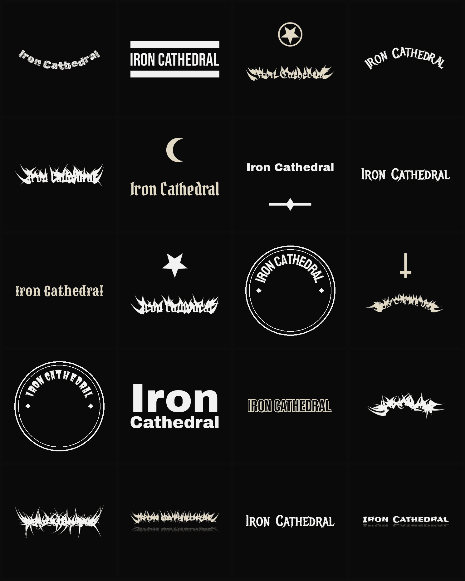Twenty Iron Cathedral band logo ideas — different faces, treatments and spike settings