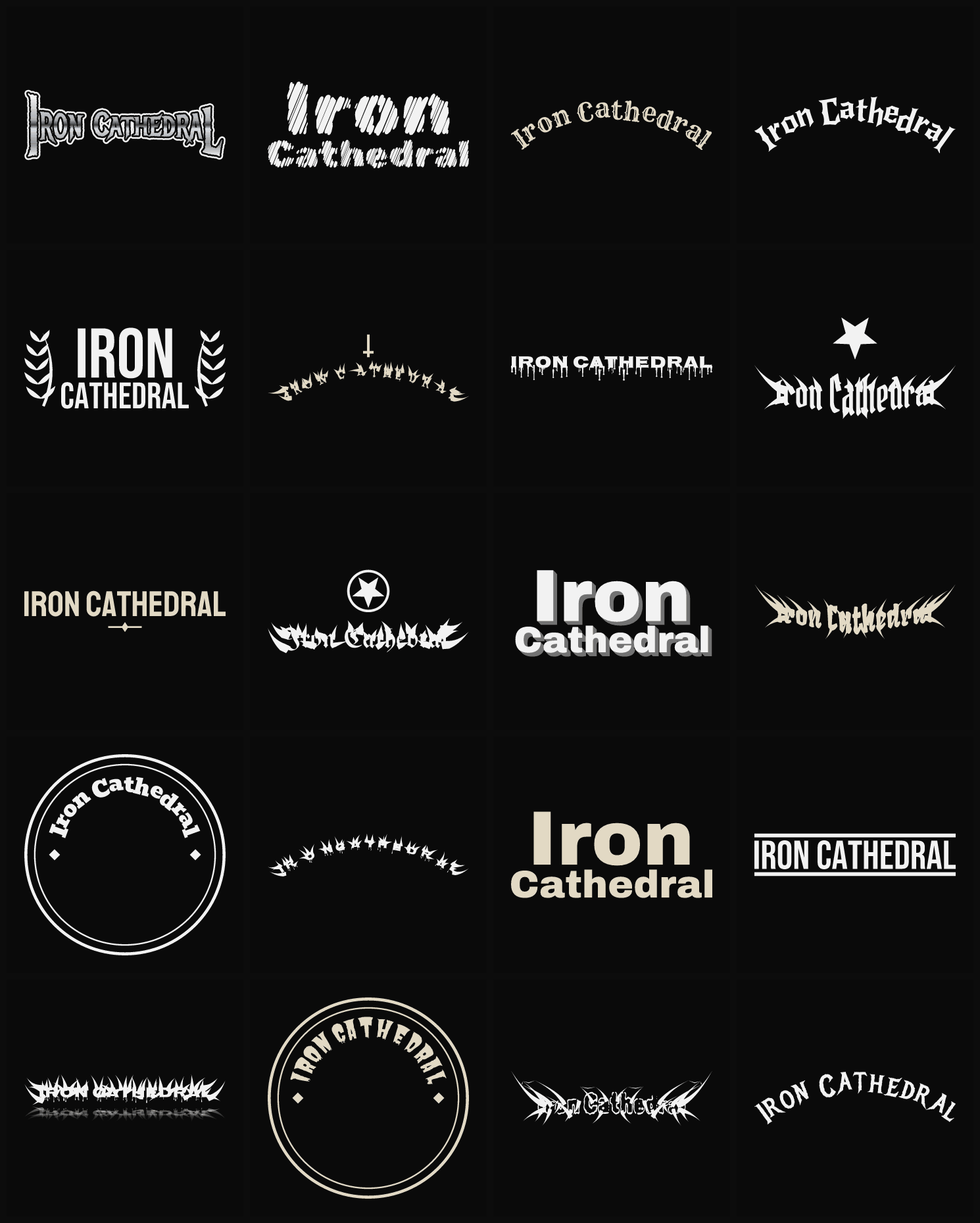 Twenty Iron Cathedral band logo ideas — different faces, treatments and spike settings