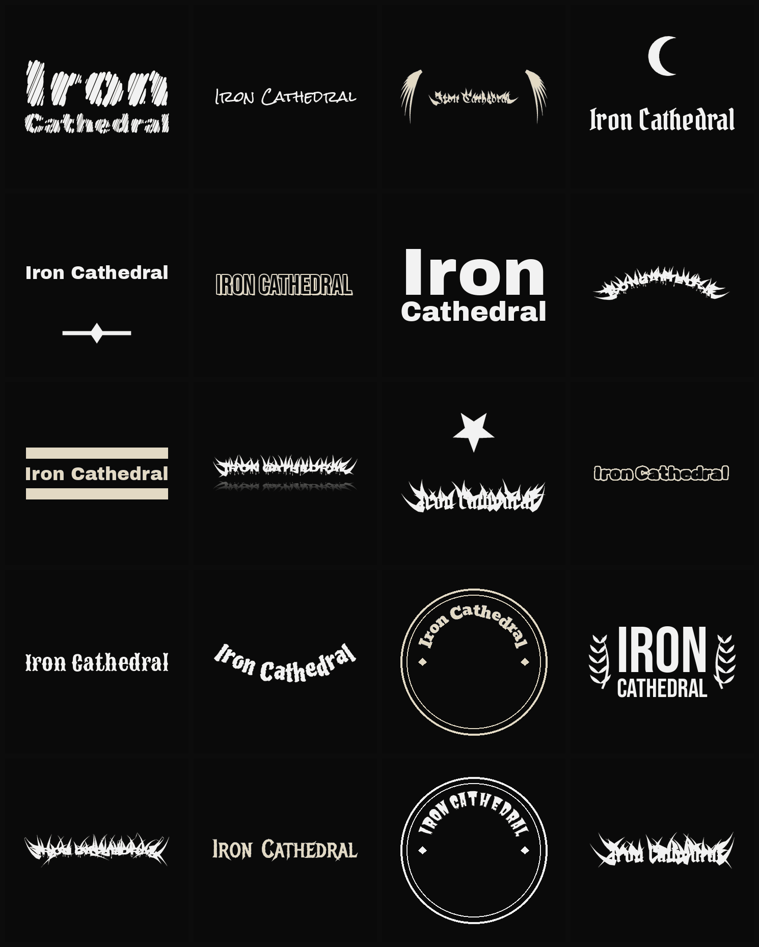 Twenty Iron Cathedral band logo ideas — different faces, treatments and spike settings