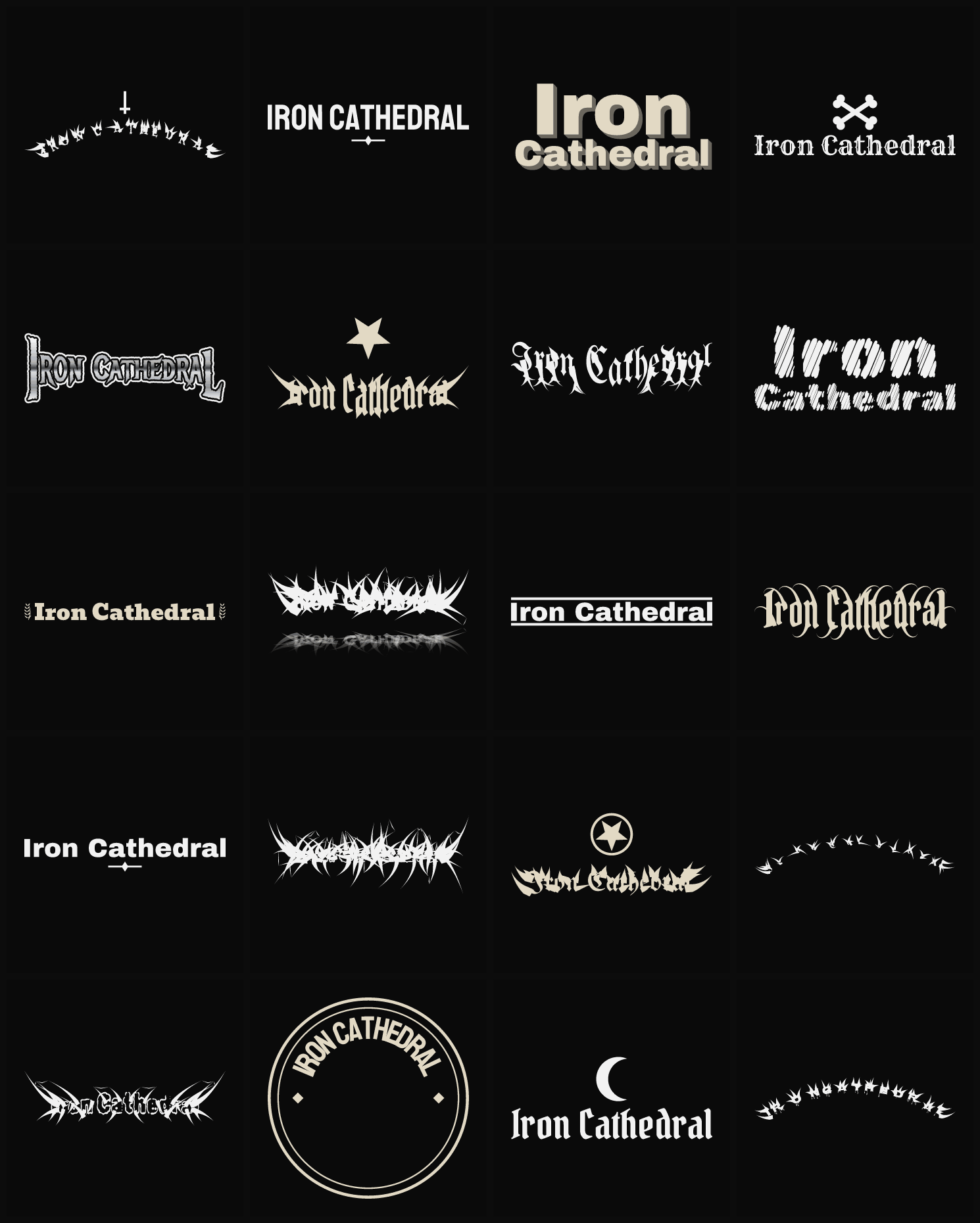 Twenty Iron Cathedral band logo ideas — different faces, treatments and spike settings