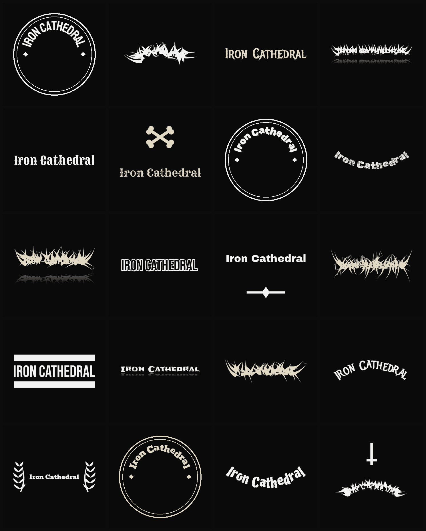 Twenty Iron Cathedral band logo ideas — different faces, treatments and spike settings