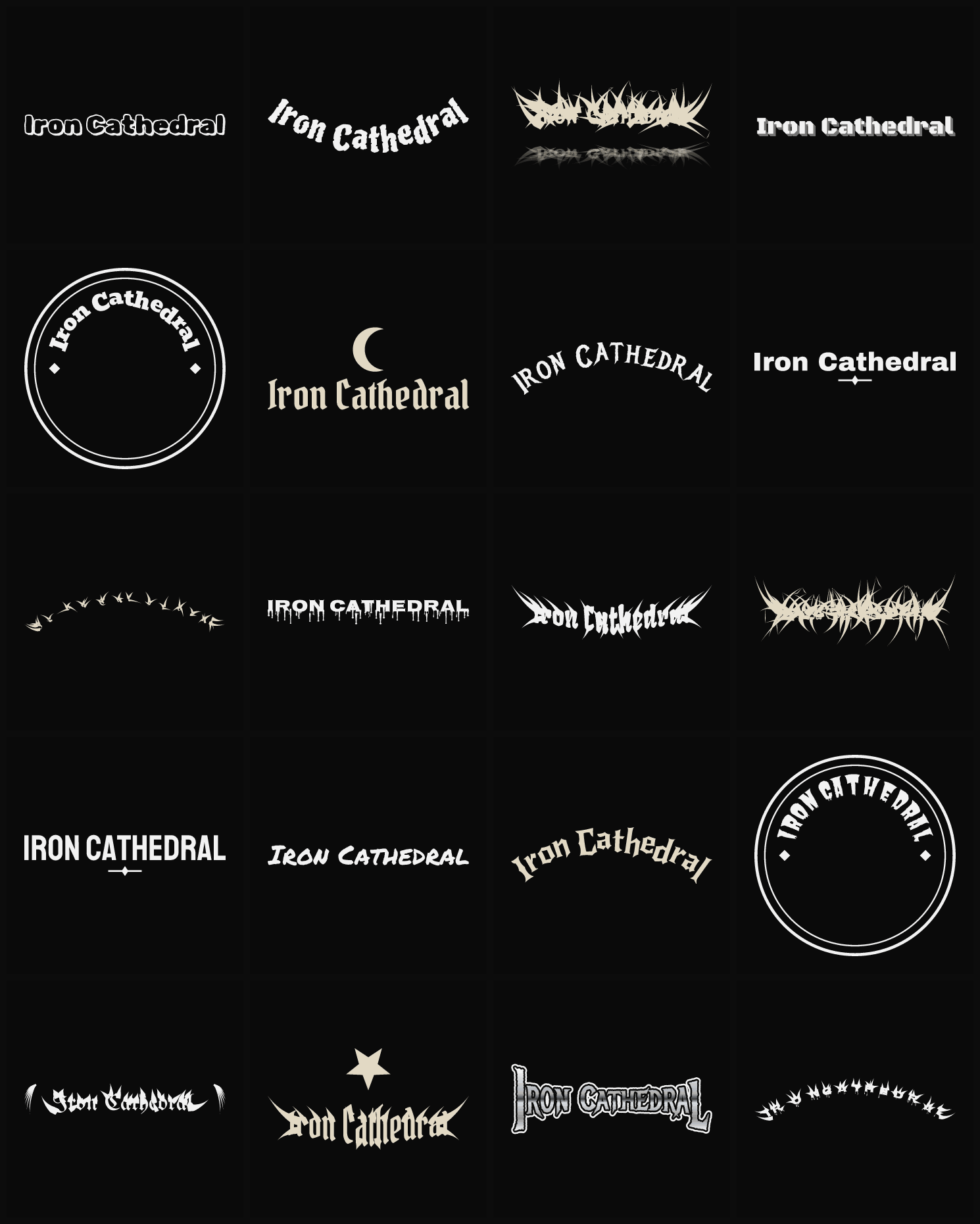 Twenty Iron Cathedral band logo ideas — different faces, treatments and spike settings