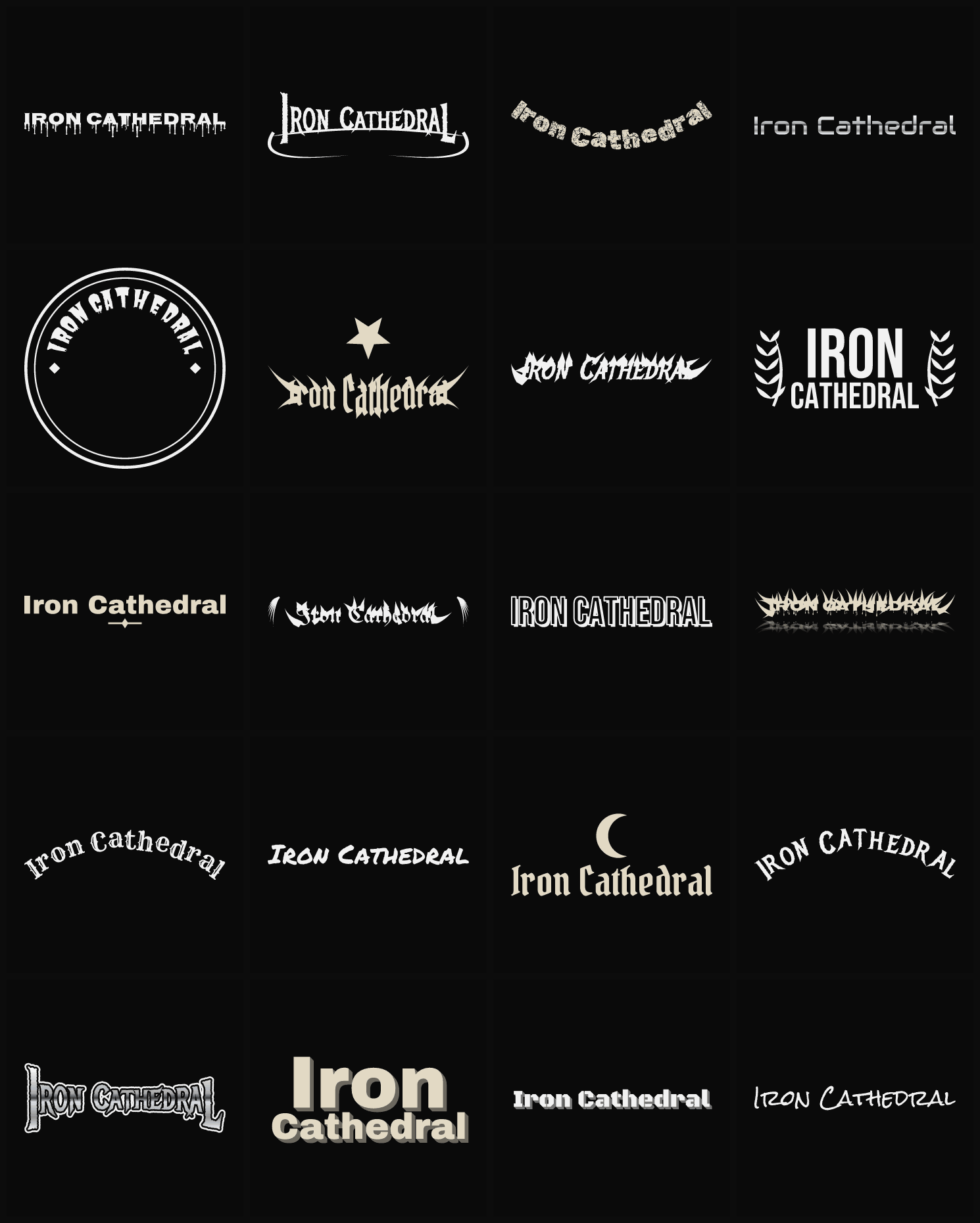 Twenty Iron Cathedral band logo ideas — different faces, treatments and spike settings