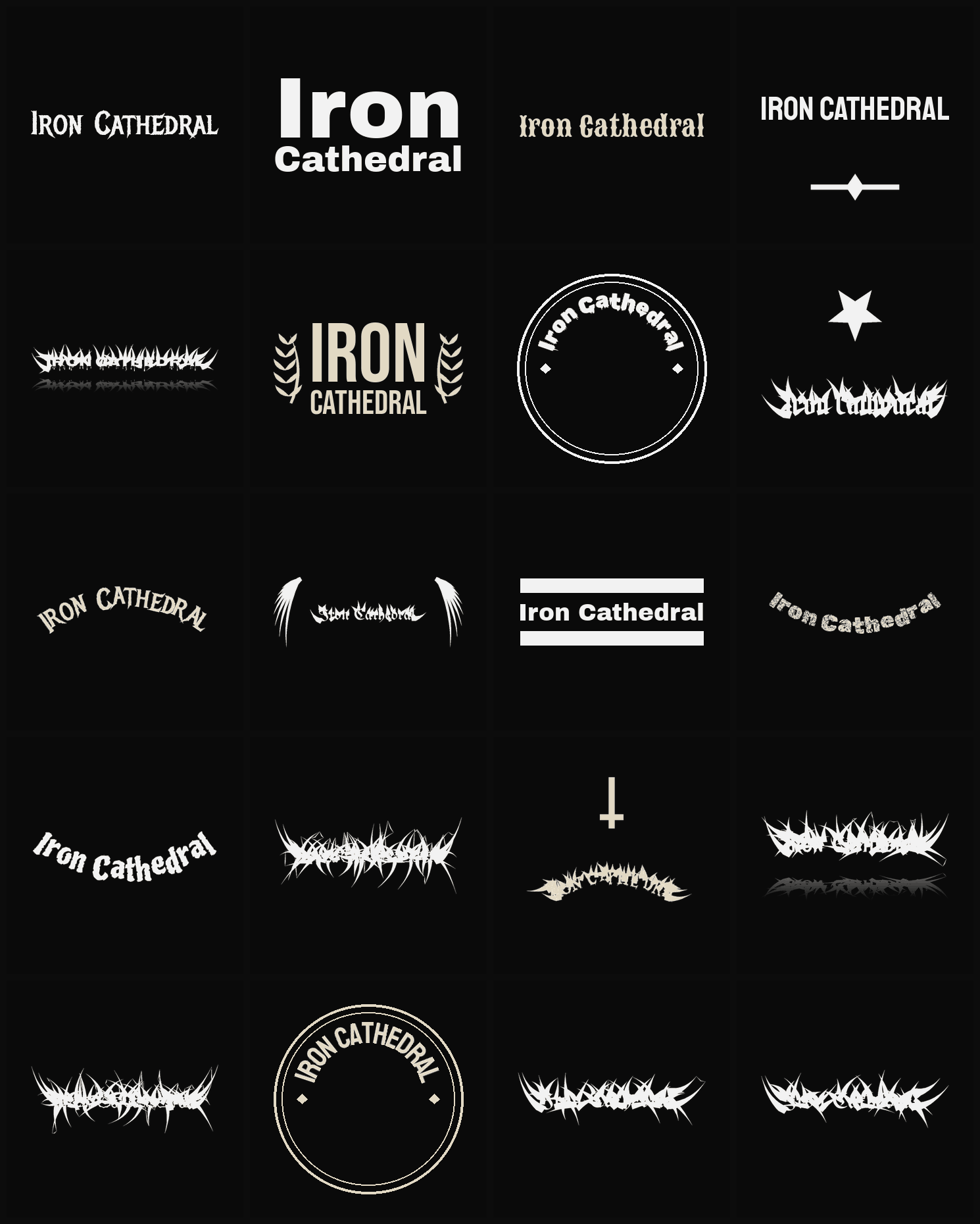 Twenty Iron Cathedral band logo ideas — different faces, treatments and spike settings