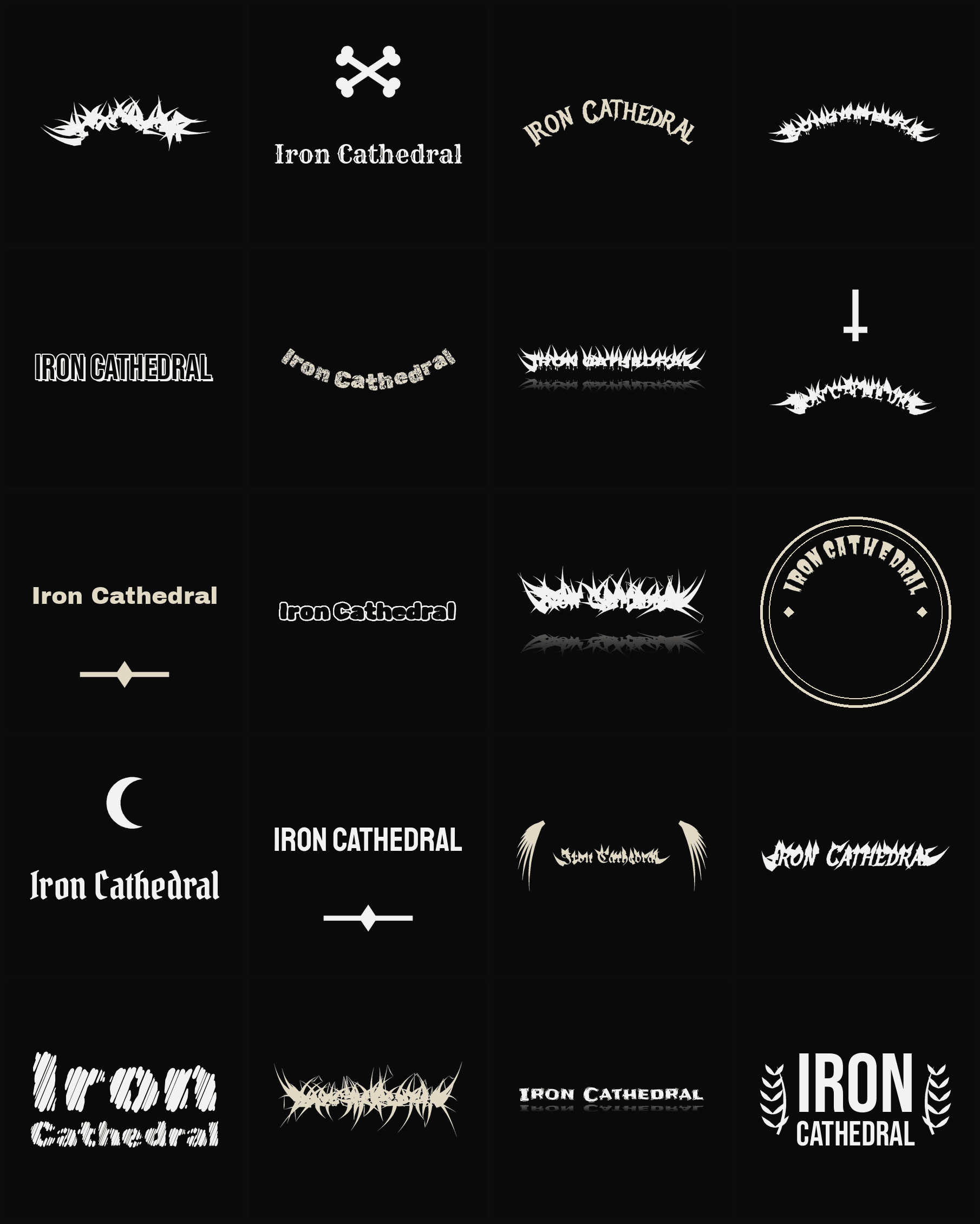 Twenty Iron Cathedral band logo ideas — different faces, treatments and spike settings
