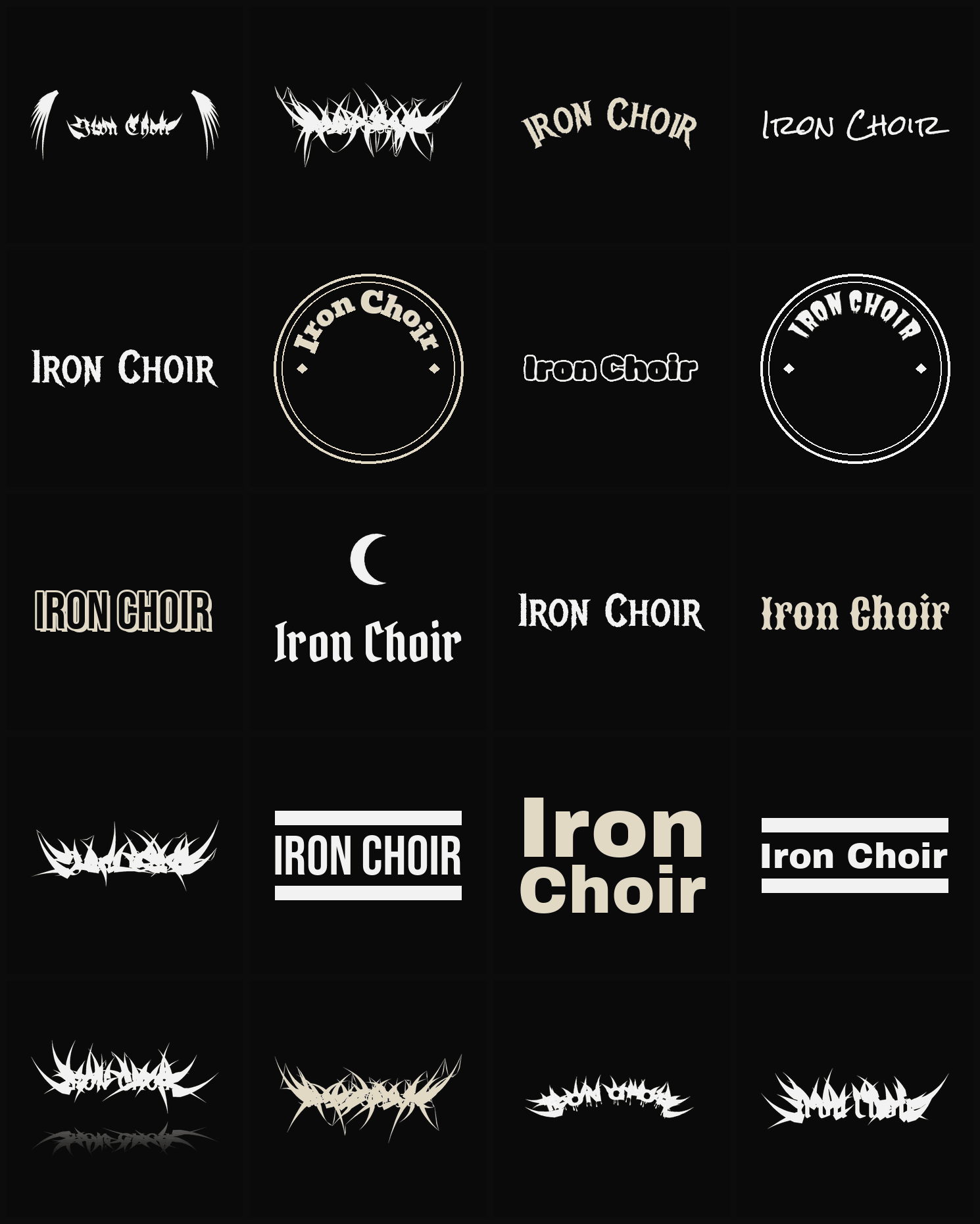 Twenty Iron Choir band logo ideas — different faces, treatments and spike settings