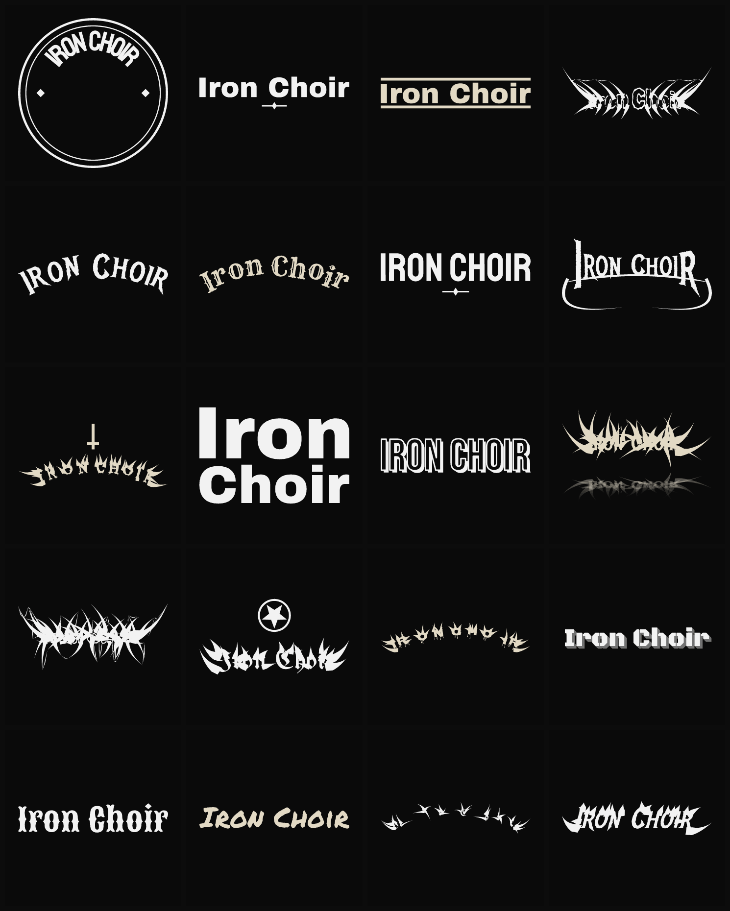 Twenty Iron Choir band logo ideas — different faces, treatments and spike settings