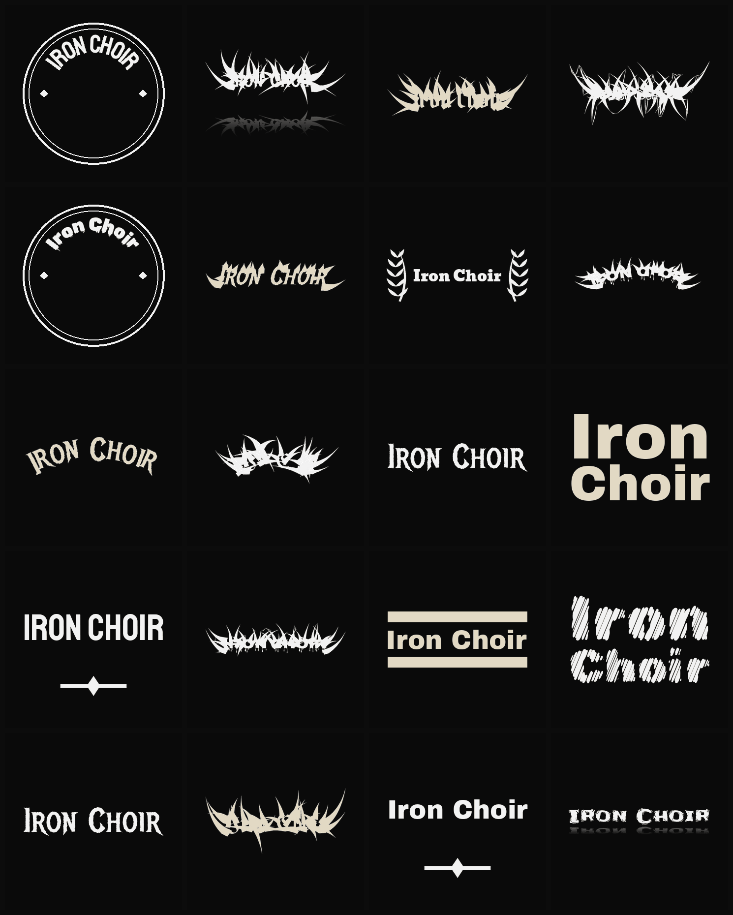 Twenty Iron Choir band logo ideas — different faces, treatments and spike settings