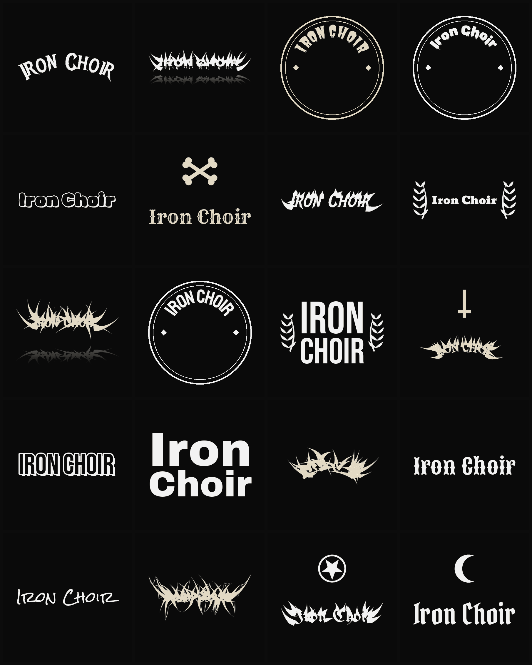 Twenty Iron Choir band logo ideas — different faces, treatments and spike settings
