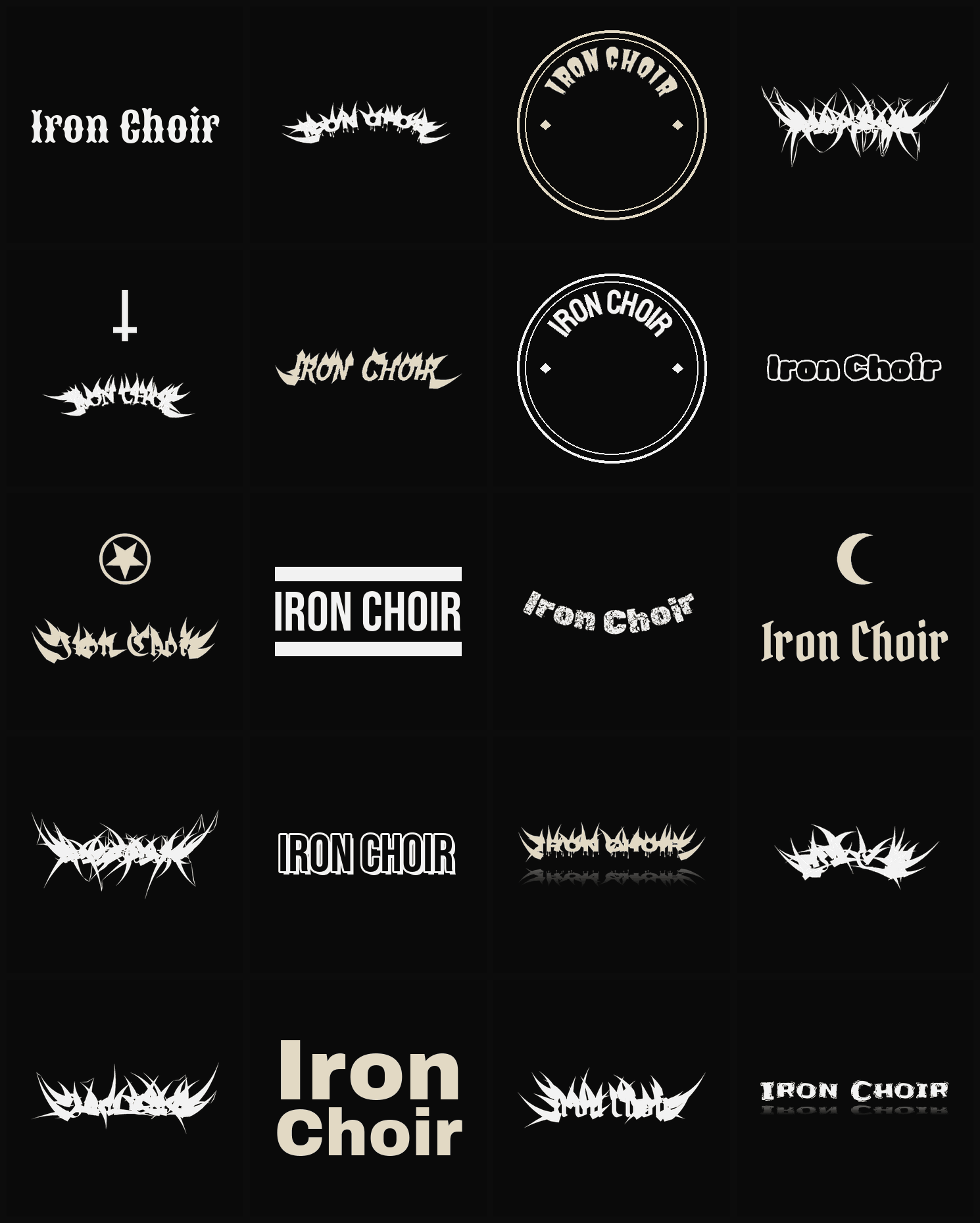 Twenty Iron Choir band logo ideas — different faces, treatments and spike settings