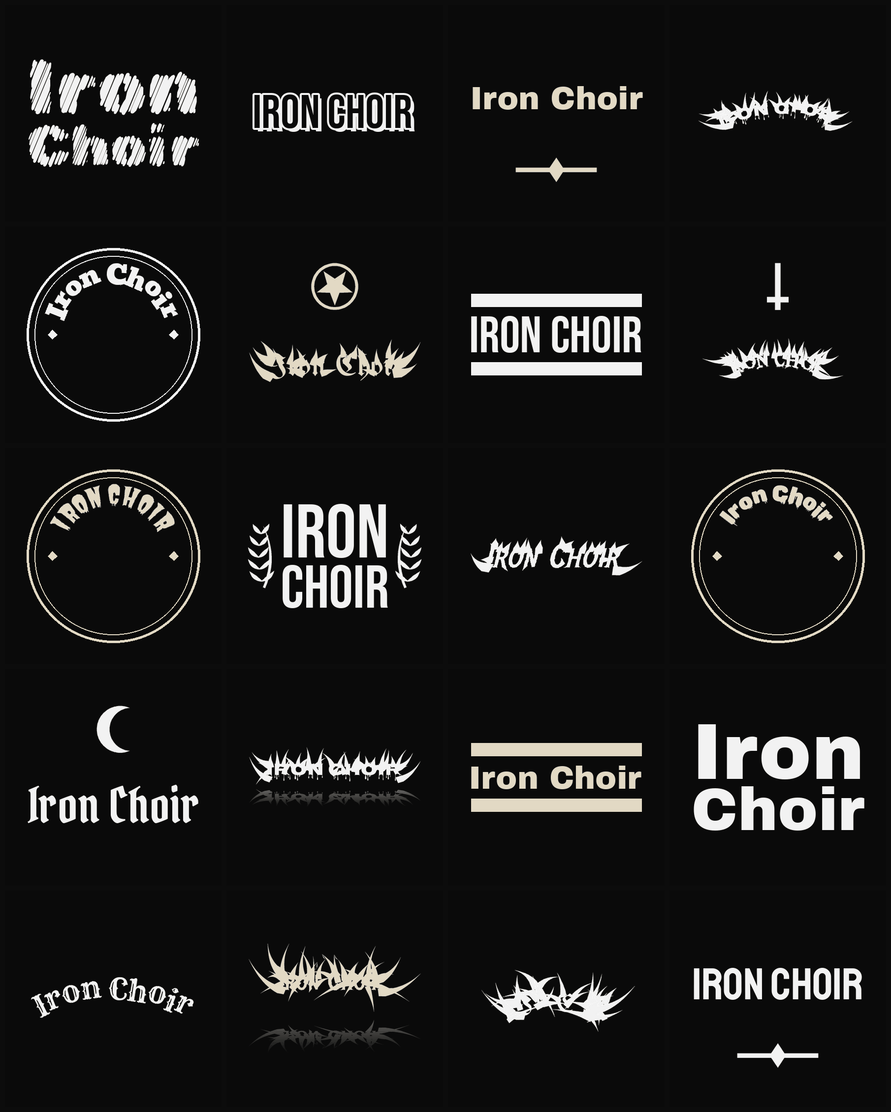 Twenty Iron Choir band logo ideas — different faces, treatments and spike settings