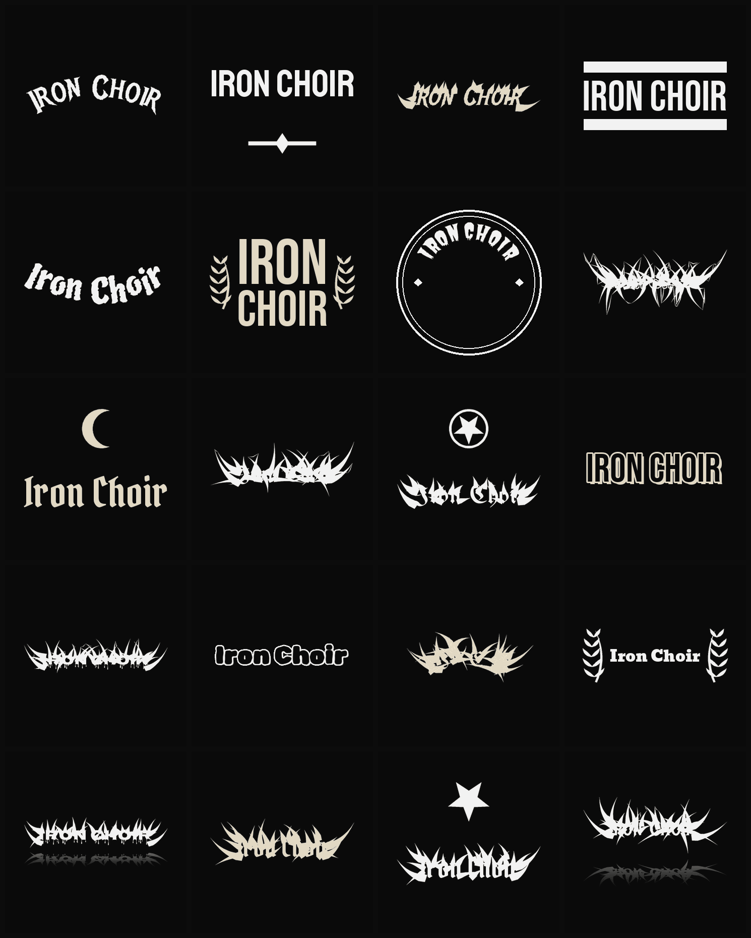 Twenty Iron Choir band logo ideas — different faces, treatments and spike settings