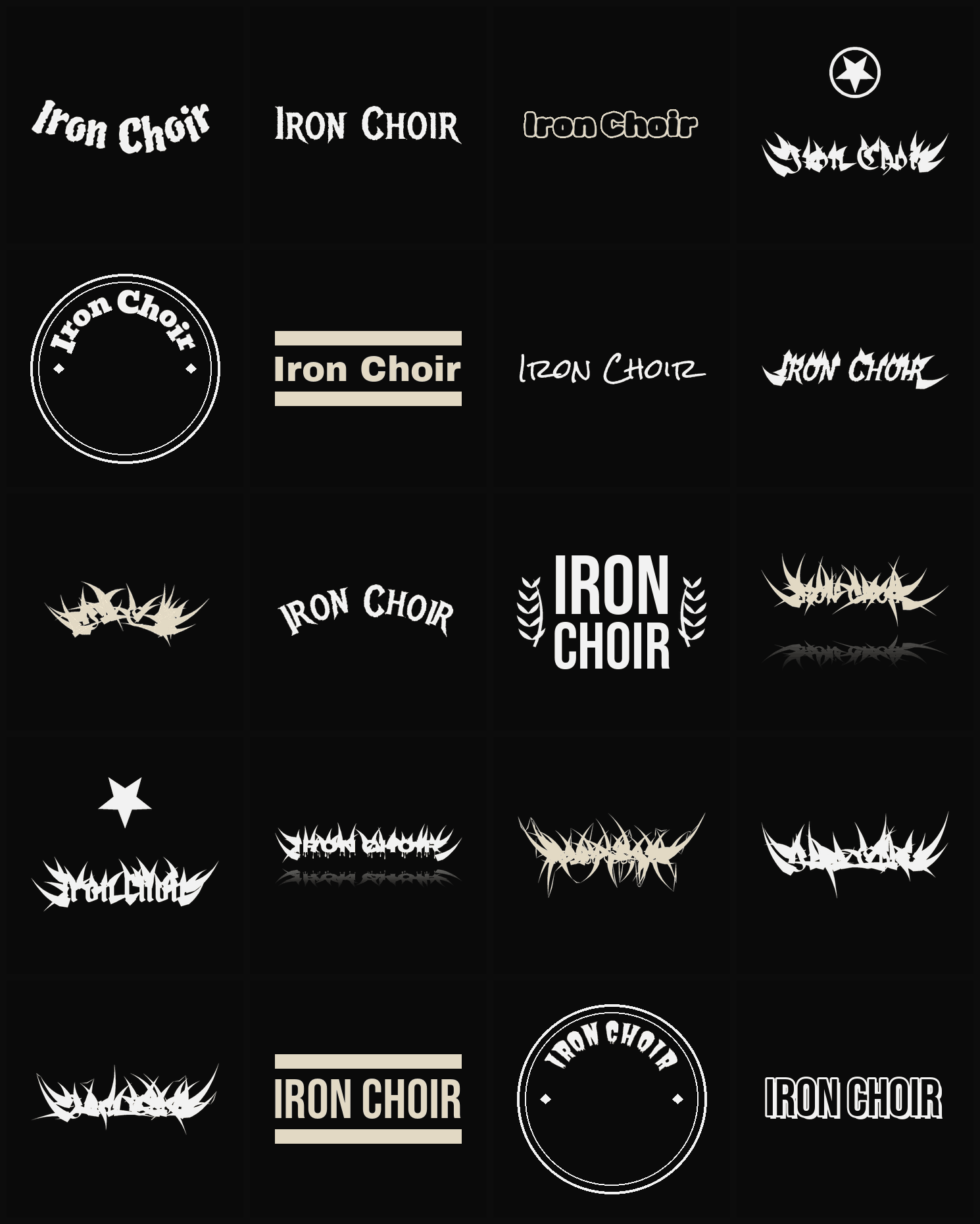 Twenty Iron Choir band logo ideas — different faces, treatments and spike settings