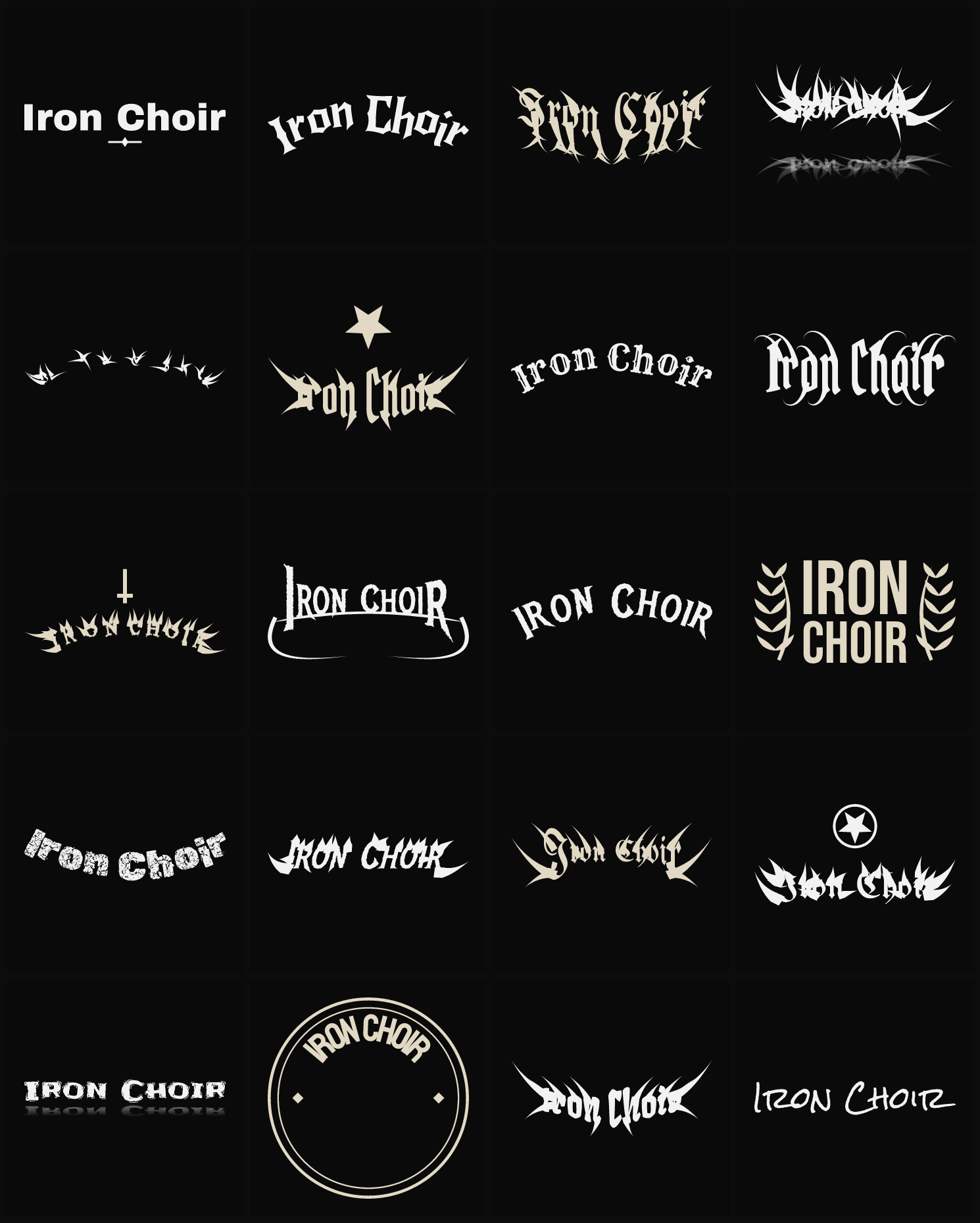Twenty Iron Choir band logo ideas — different faces, treatments and spike settings