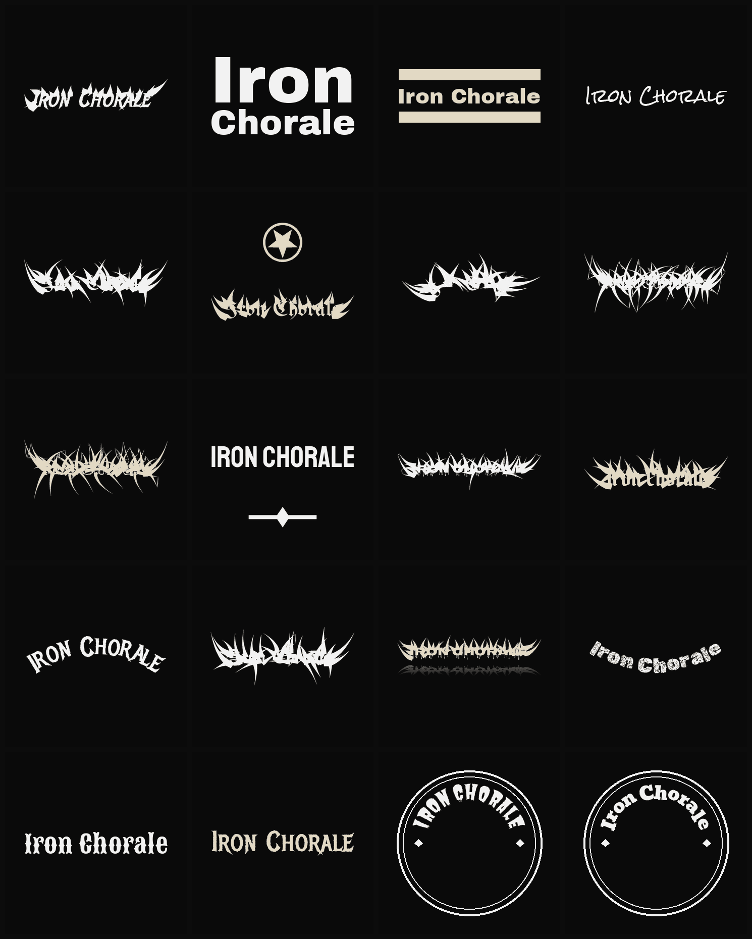 Twenty Iron Chorale band logo ideas — different faces, treatments and spike settings