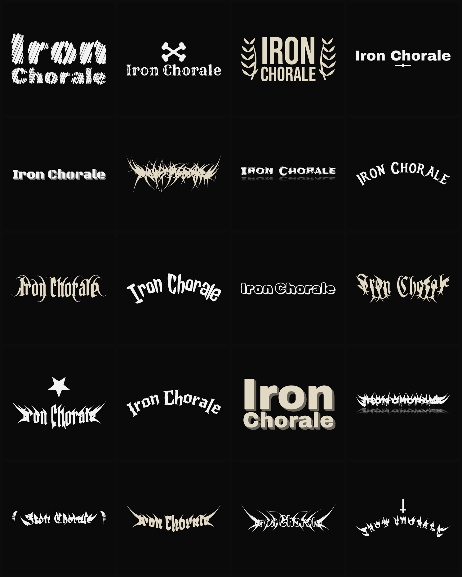 Twenty Iron Chorale band logo ideas — different faces, treatments and spike settings