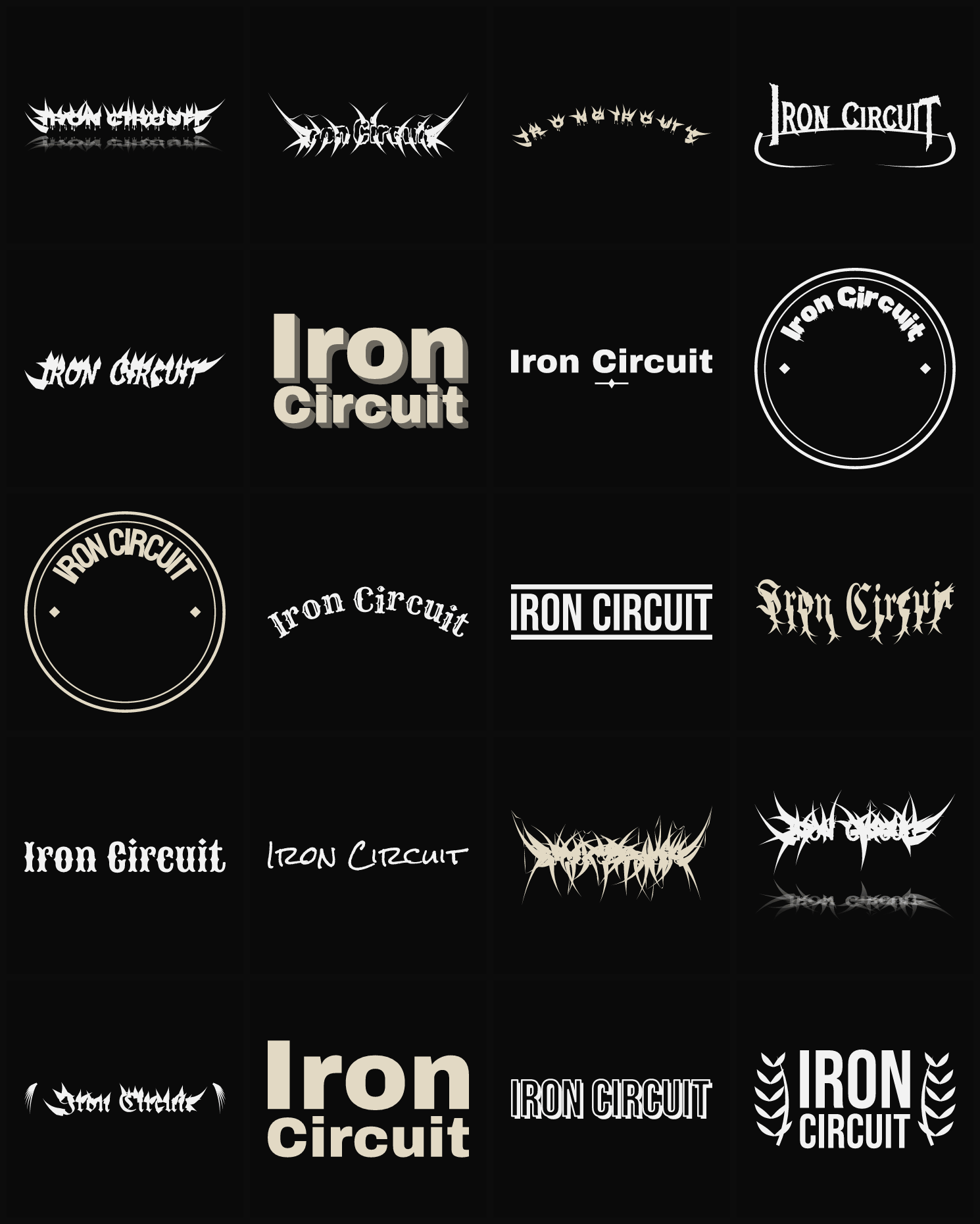Twenty Iron Circuit band logo ideas — different faces, treatments and spike settings