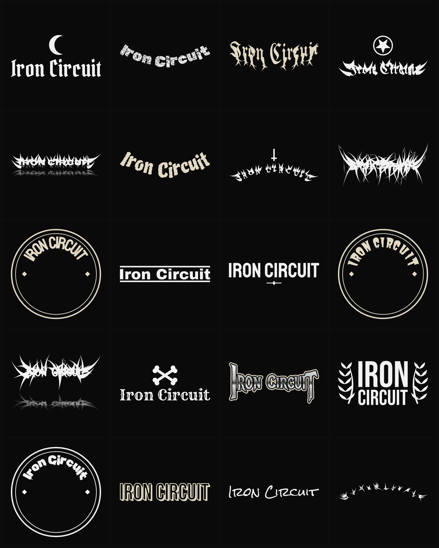 Twenty Iron Circuit band logo ideas — different faces, treatments and spike settings