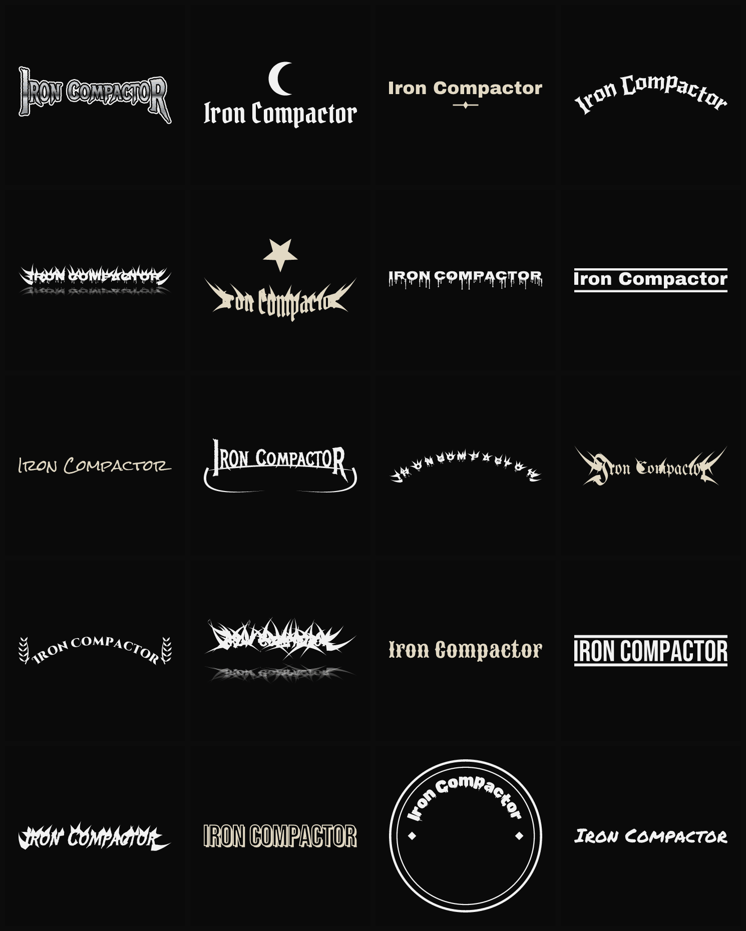 Twenty Iron Compactor band logo ideas — different faces, treatments and spike settings