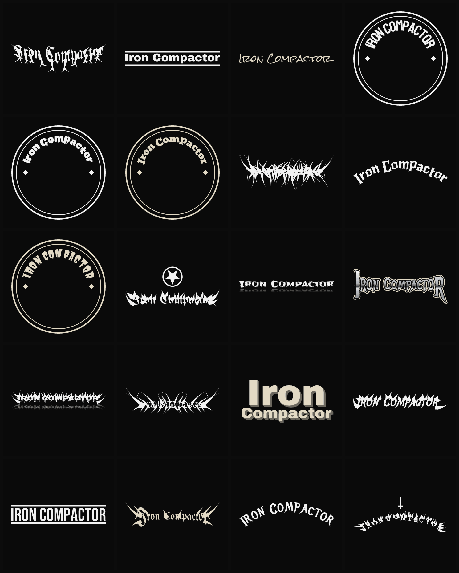 Twenty Iron Compactor band logo ideas — different faces, treatments and spike settings