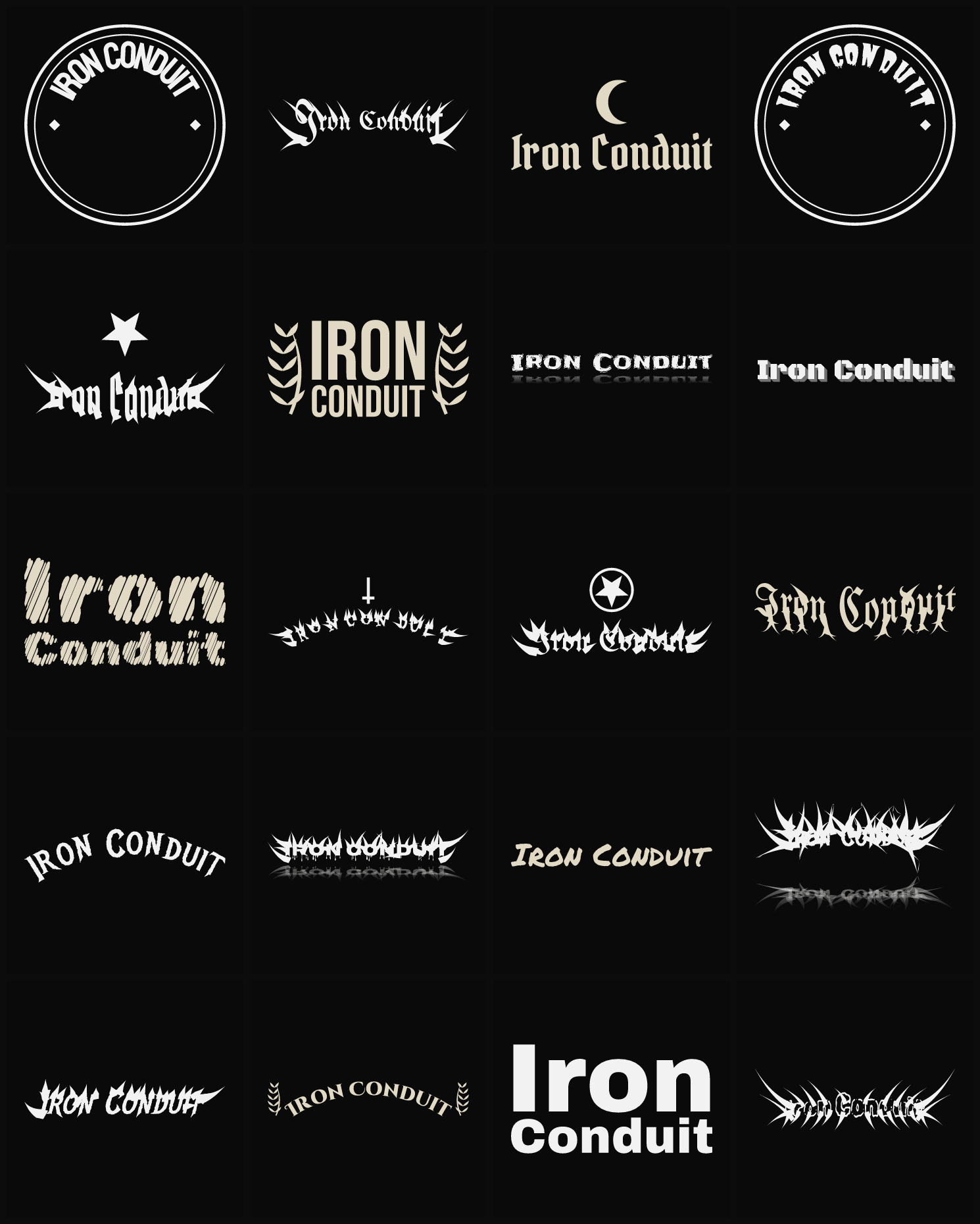 Twenty Iron Conduit band logo ideas — different faces, treatments and spike settings