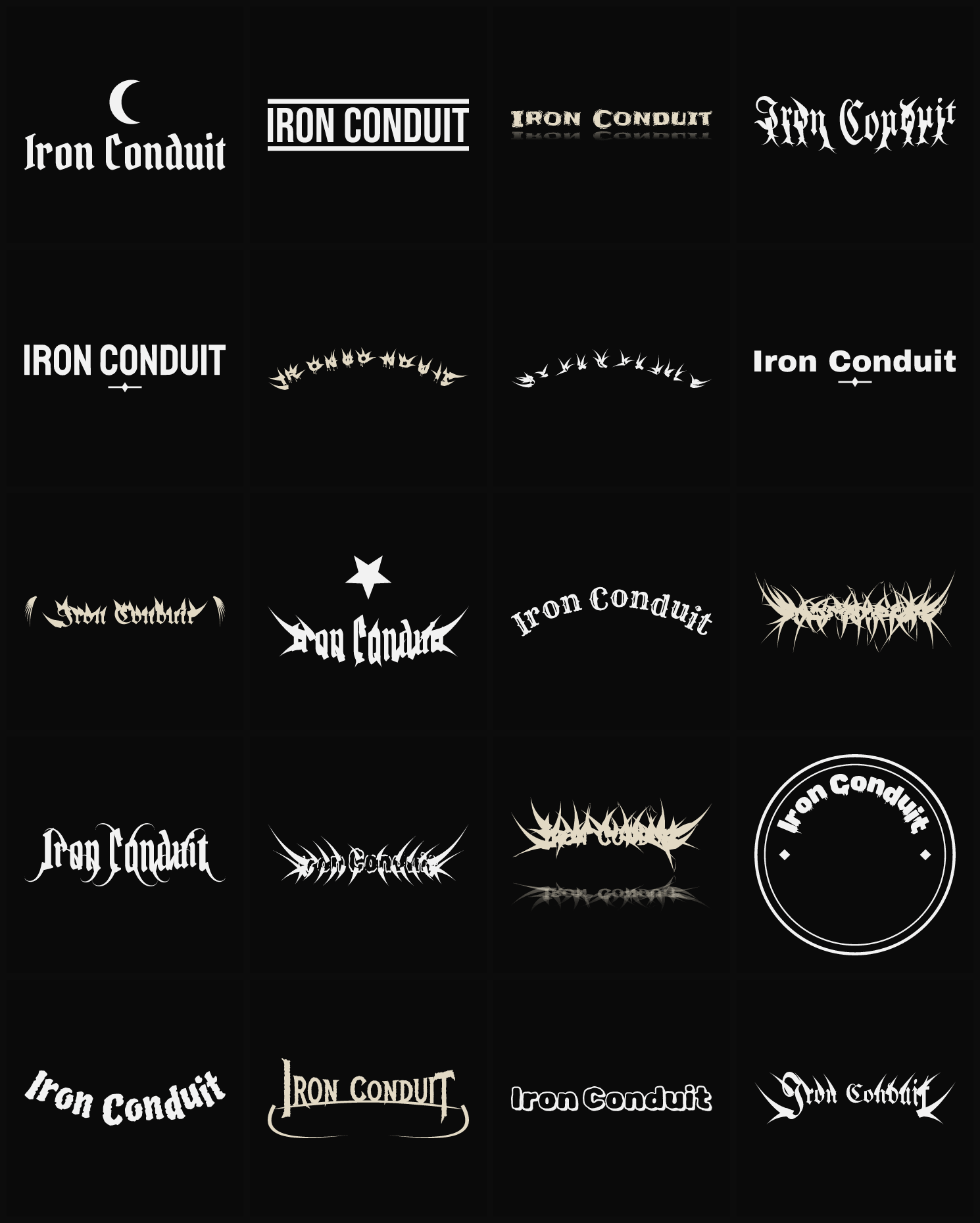 Twenty Iron Conduit band logo ideas — different faces, treatments and spike settings