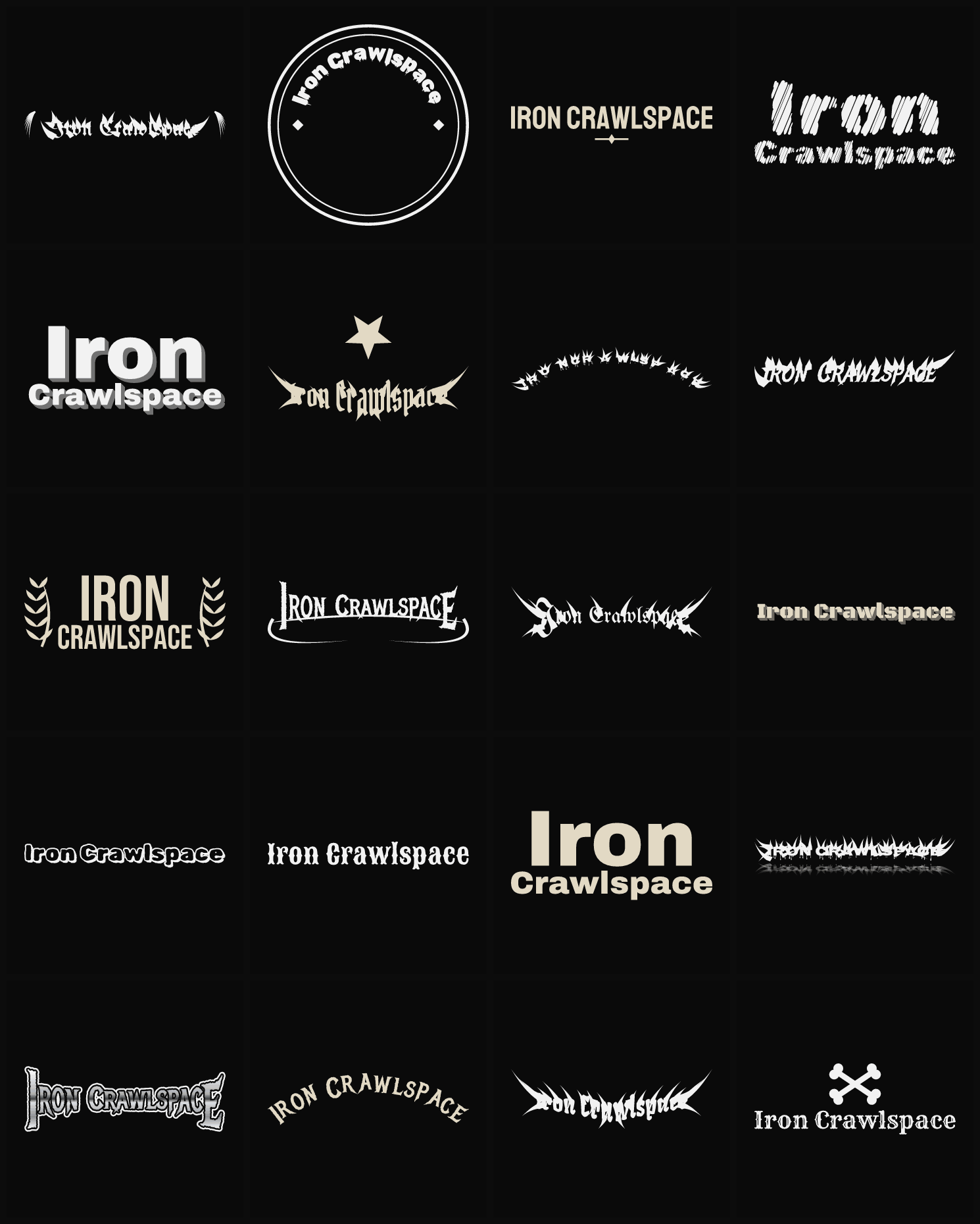 Twenty Iron Crawlspace band logo ideas — different faces, treatments and spike settings