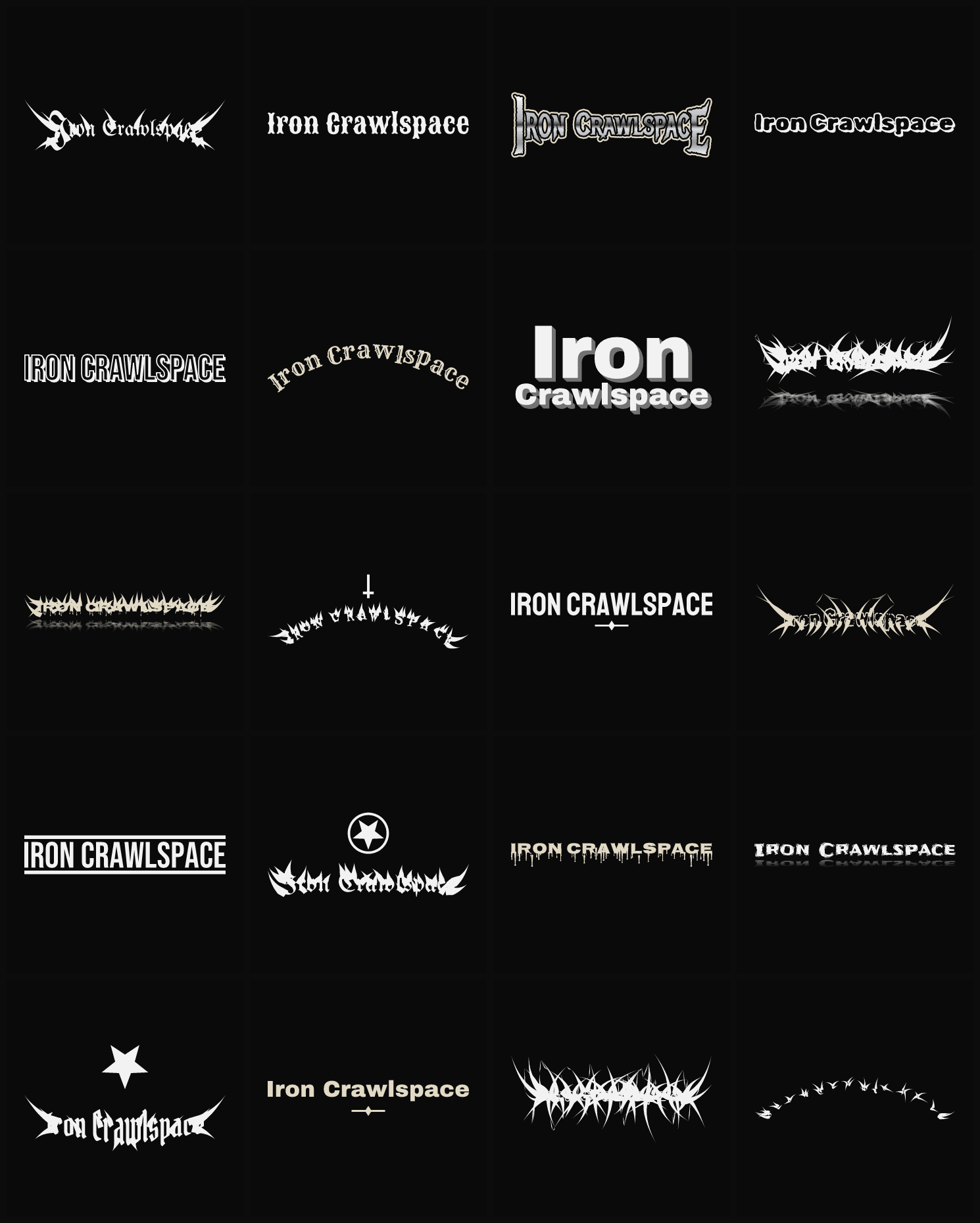 Twenty Iron Crawlspace band logo ideas — different faces, treatments and spike settings
