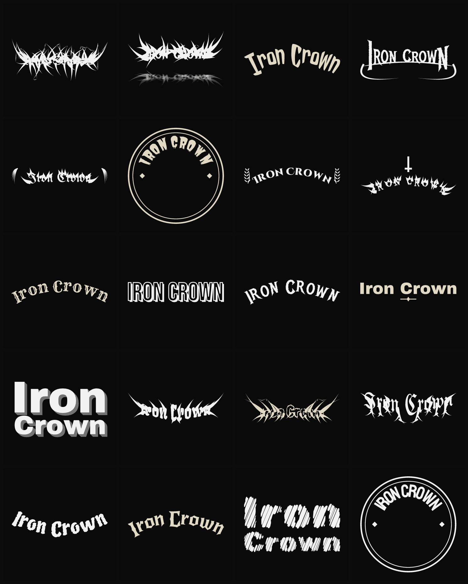 Twenty Iron Crown band logo ideas — different faces, treatments and spike settings