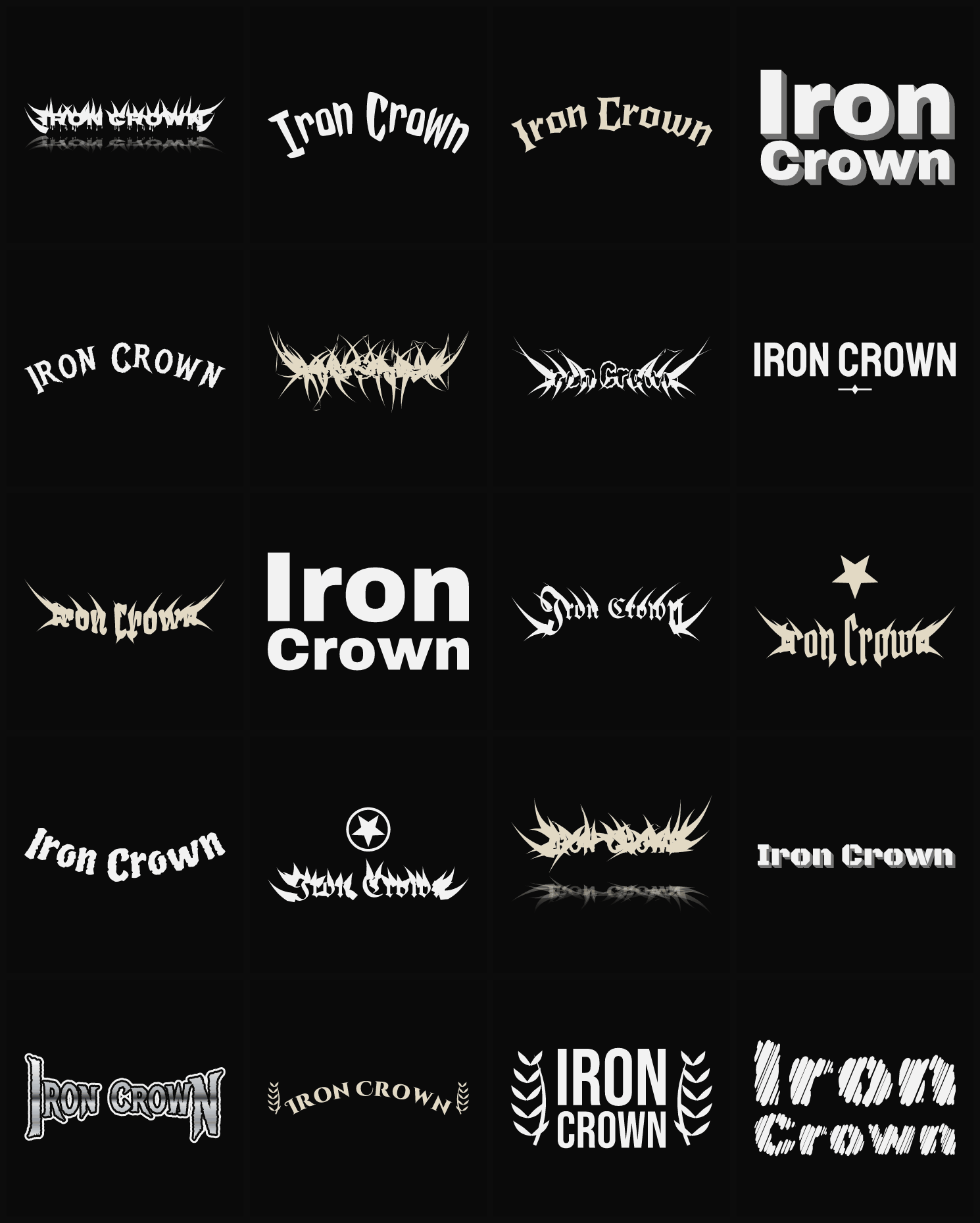 Twenty Iron Crown band logo ideas — different faces, treatments and spike settings