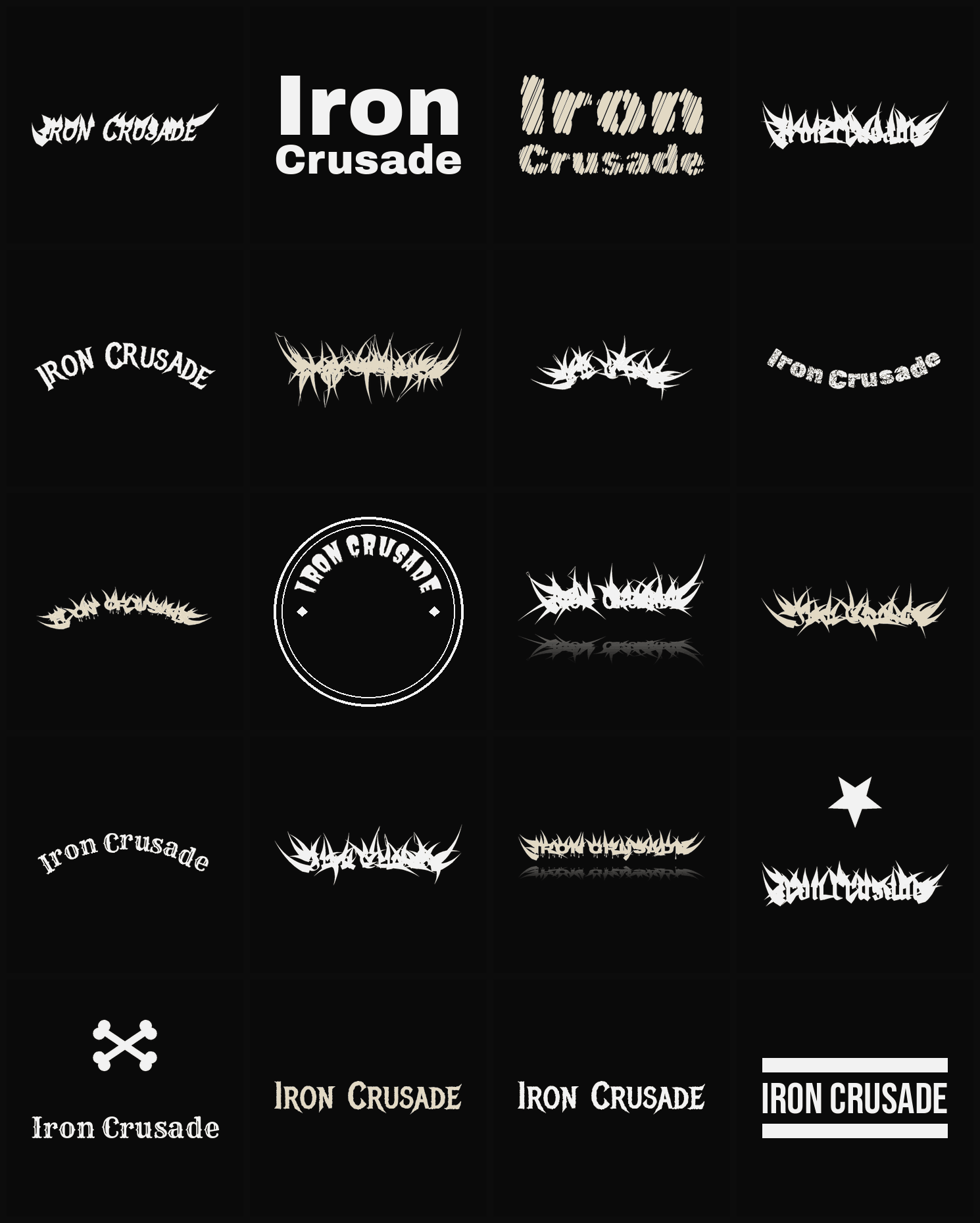 Twenty Iron Crusade band logo ideas — different faces, treatments and spike settings