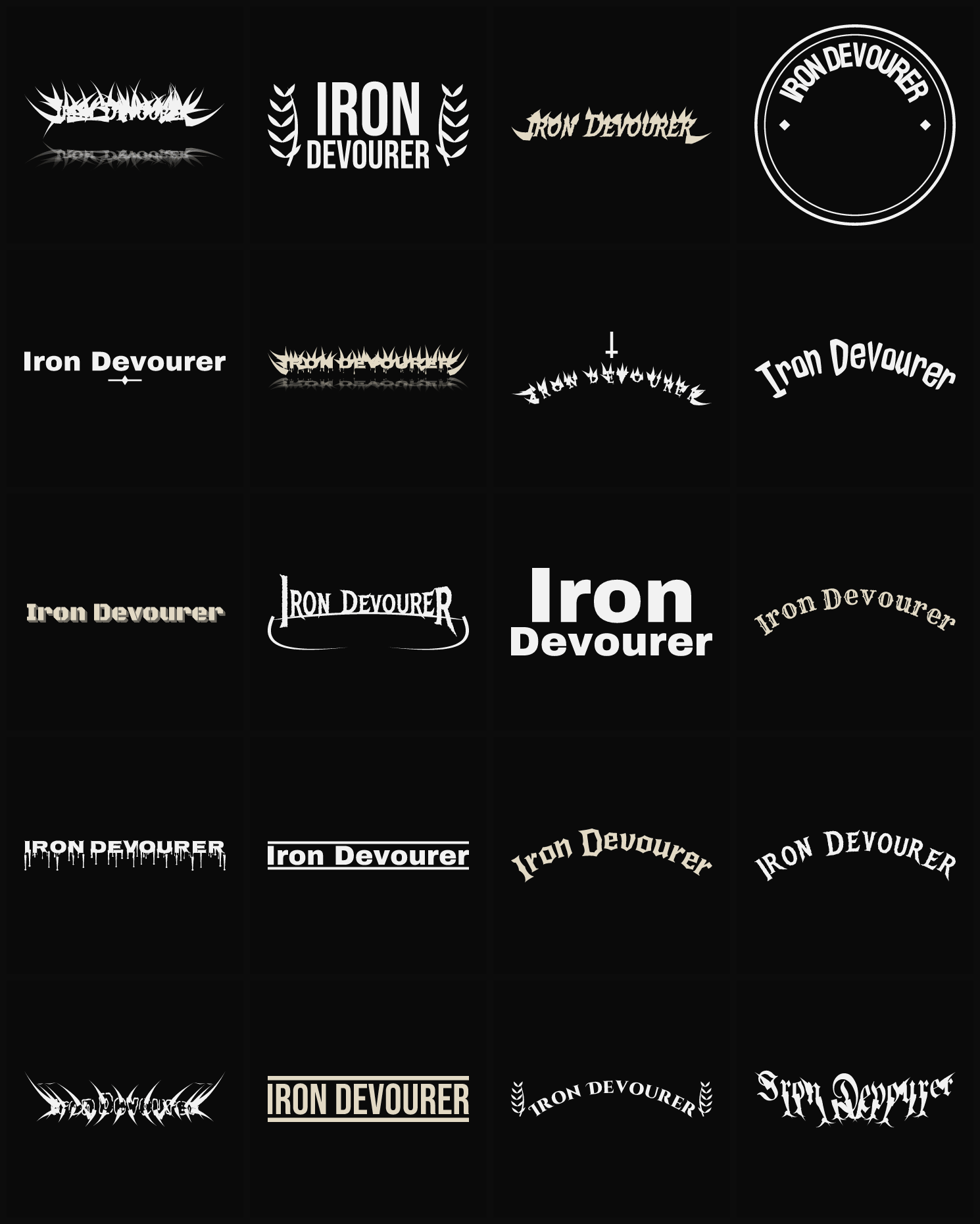 Twenty Iron Devourer band logo ideas — different faces, treatments and spike settings