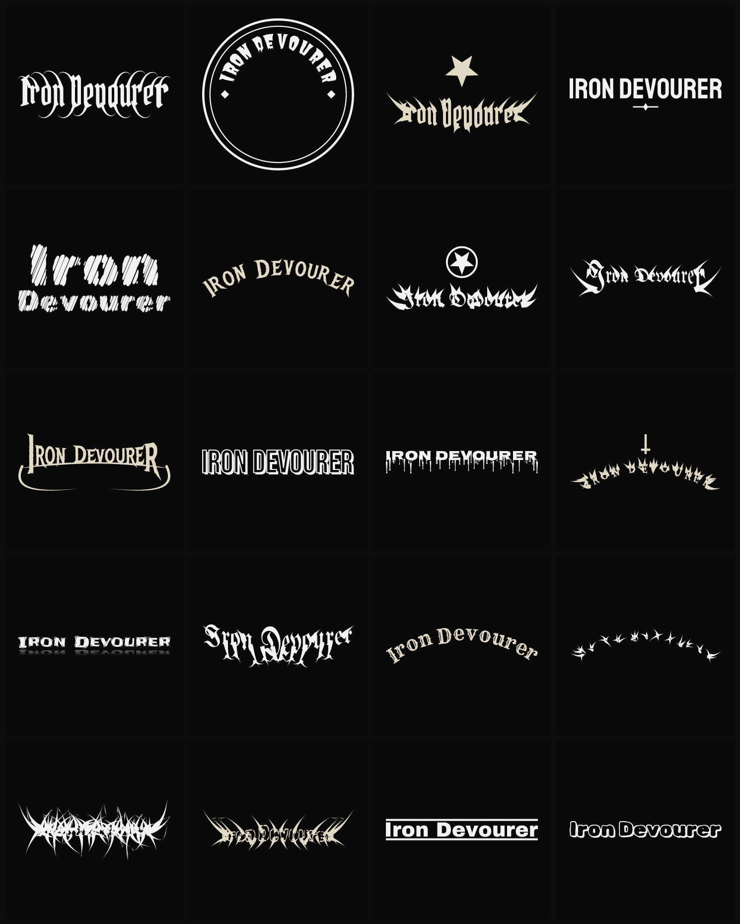 Twenty Iron Devourer band logo ideas — different faces, treatments and spike settings
