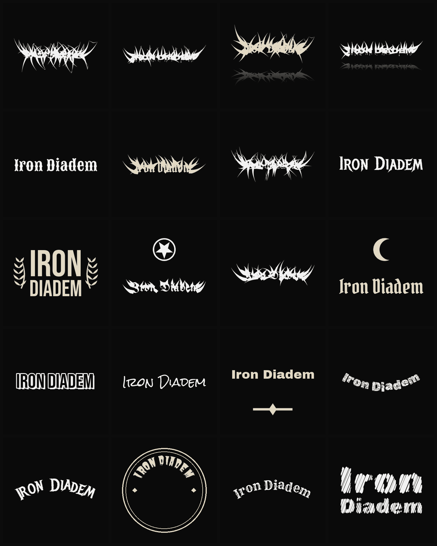 Twenty Iron Diadem band logo ideas — different faces, treatments and spike settings