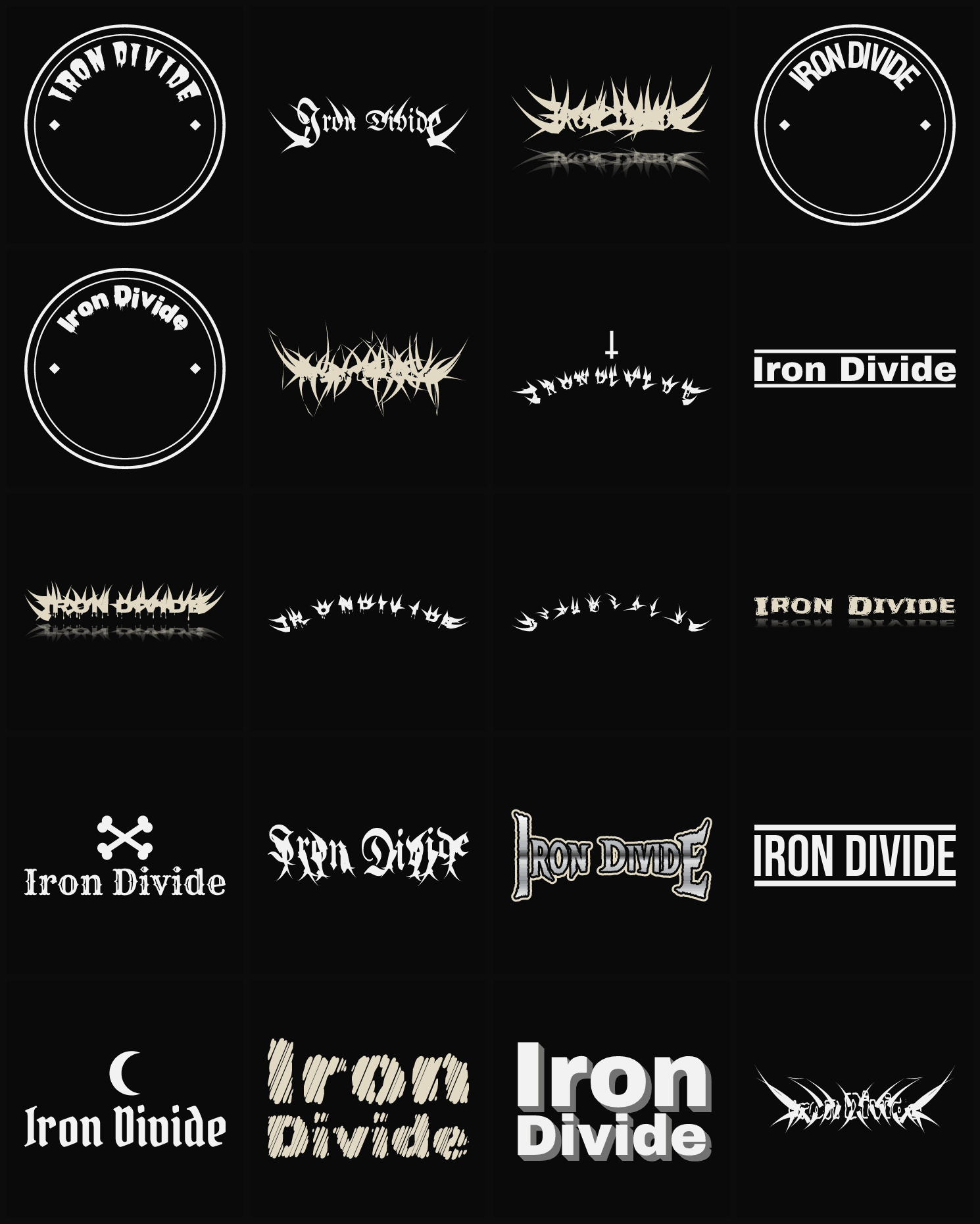 Twenty Iron Divide band logo ideas — different faces, treatments and spike settings