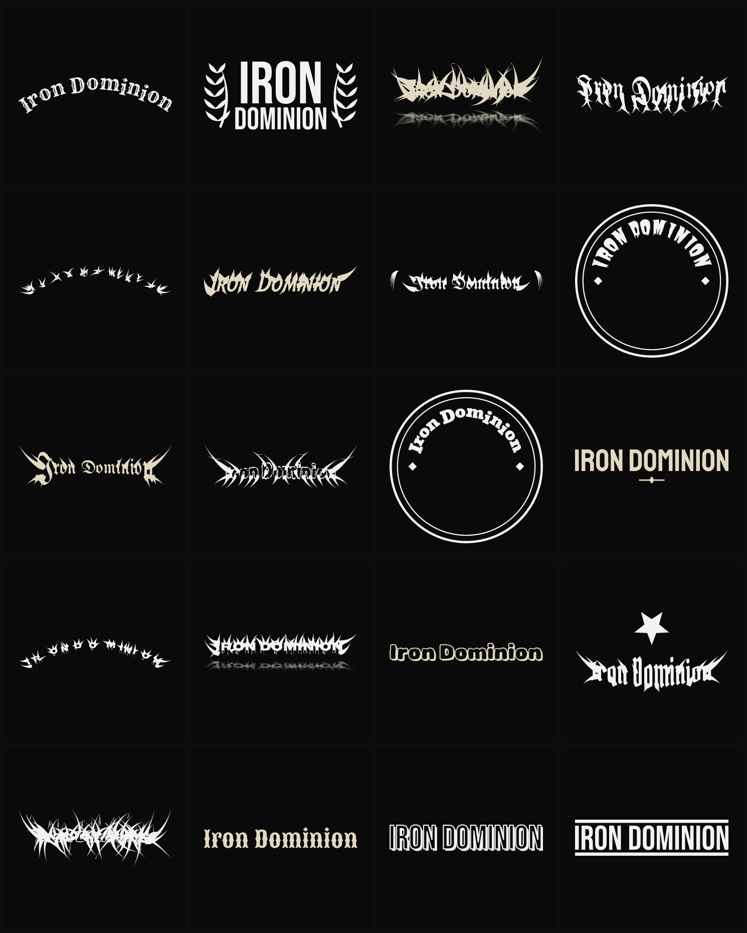 Twenty Iron Dominion band logo ideas — different faces, treatments and spike settings