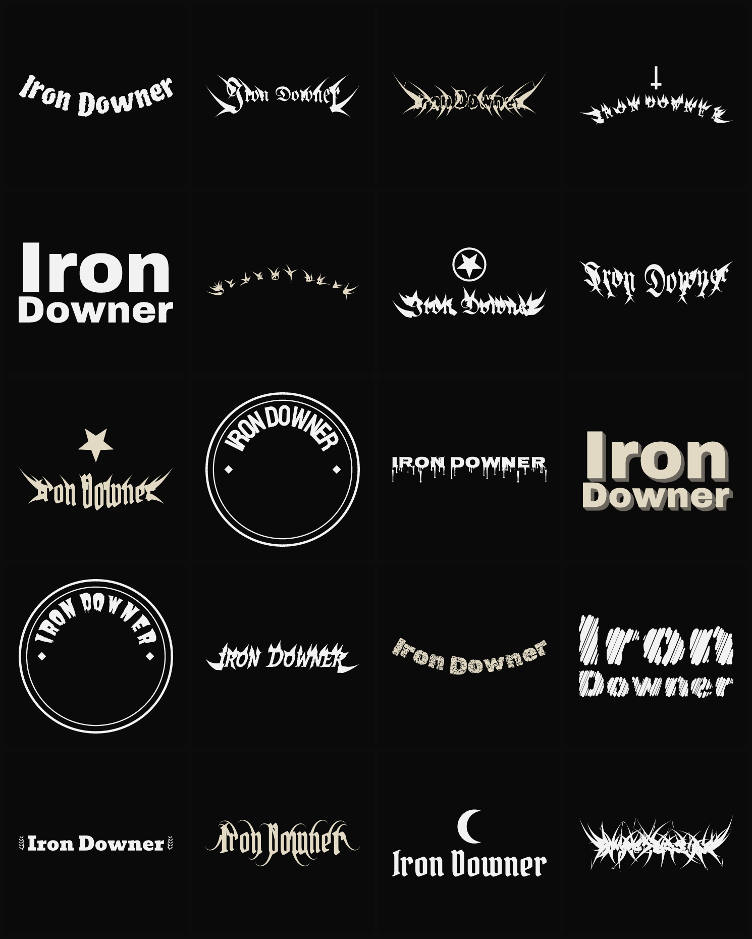 Twenty Iron Downer band logo ideas — different faces, treatments and spike settings