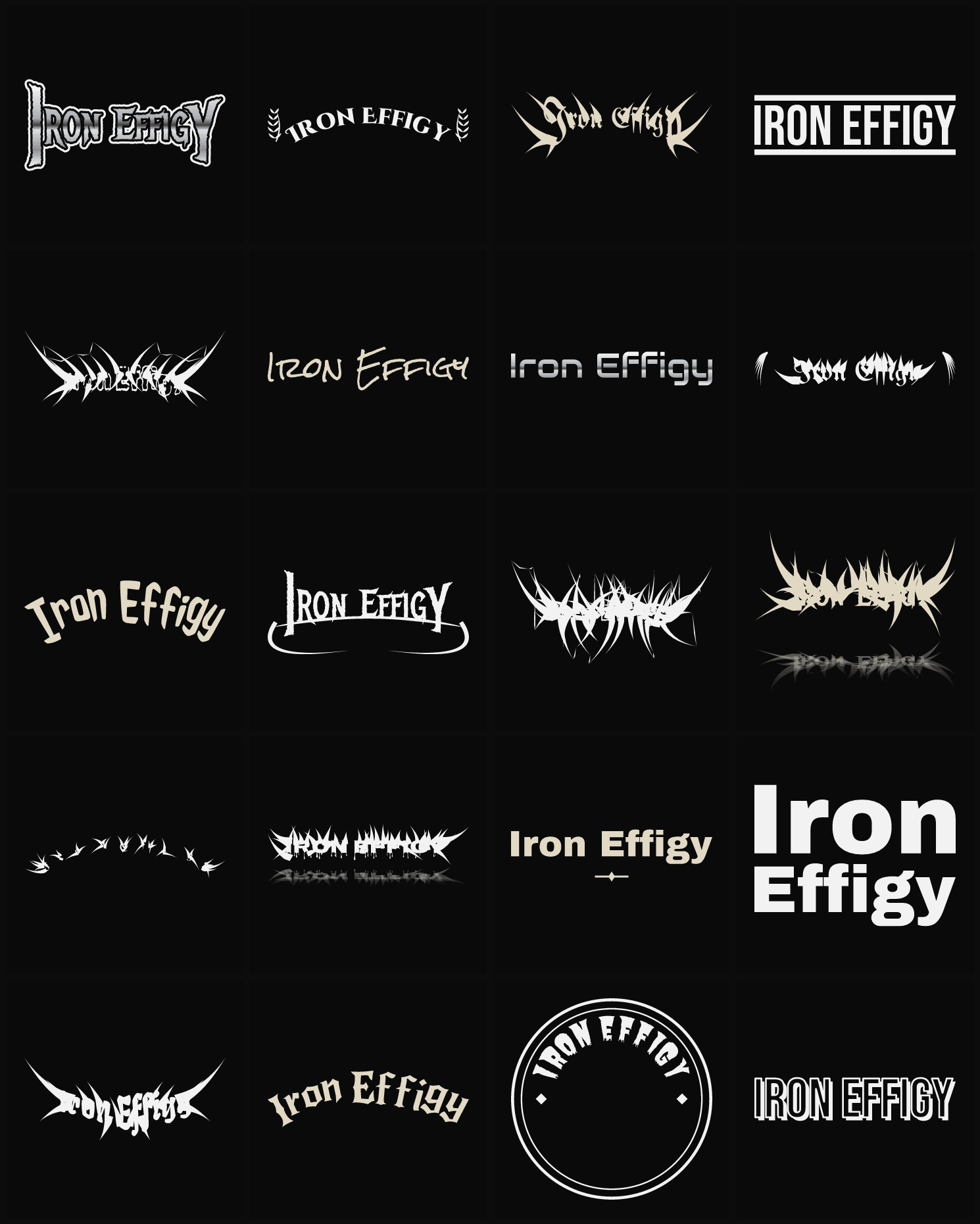 Twenty Iron Effigy band logo ideas — different faces, treatments and spike settings