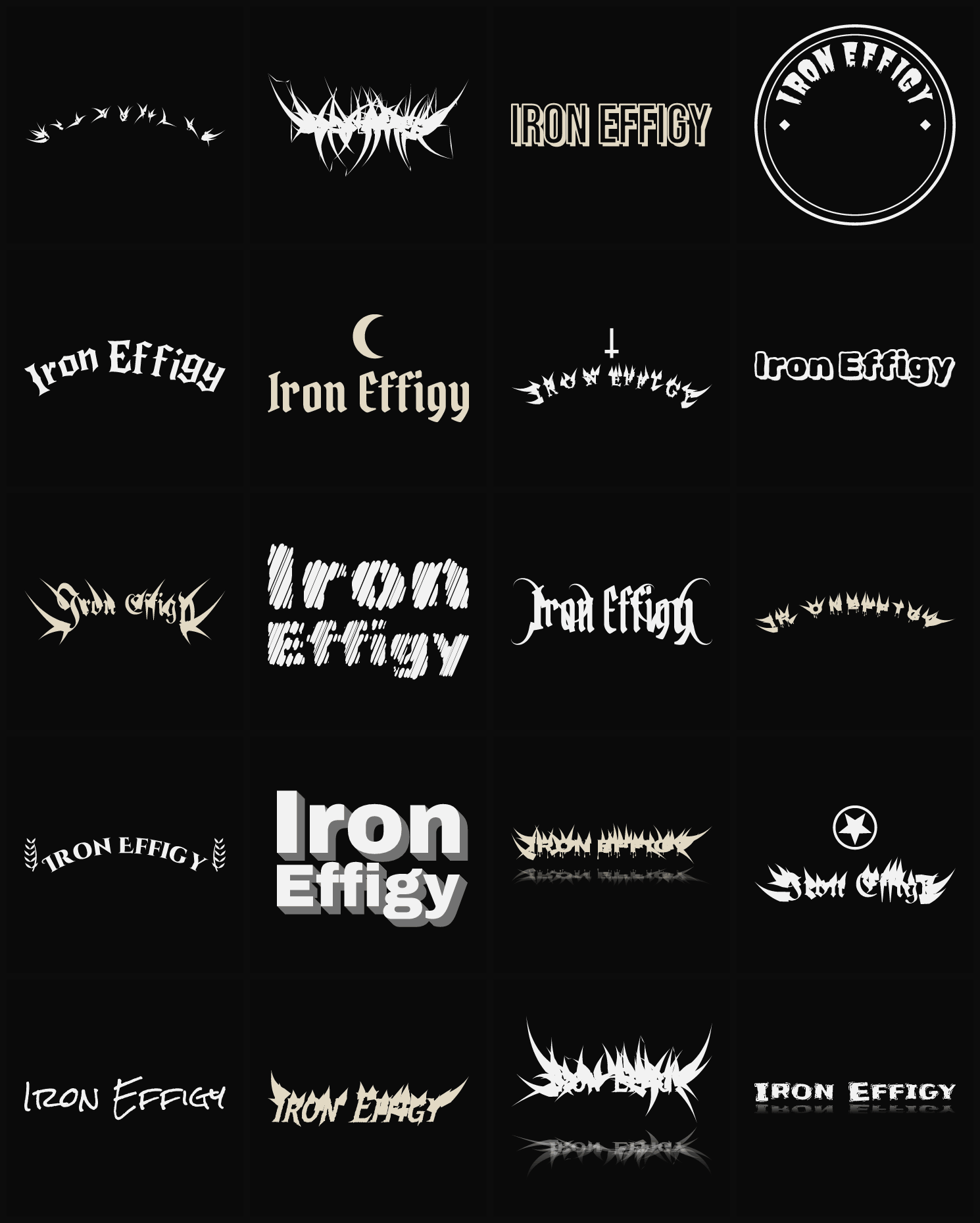 Twenty Iron Effigy band logo ideas — different faces, treatments and spike settings