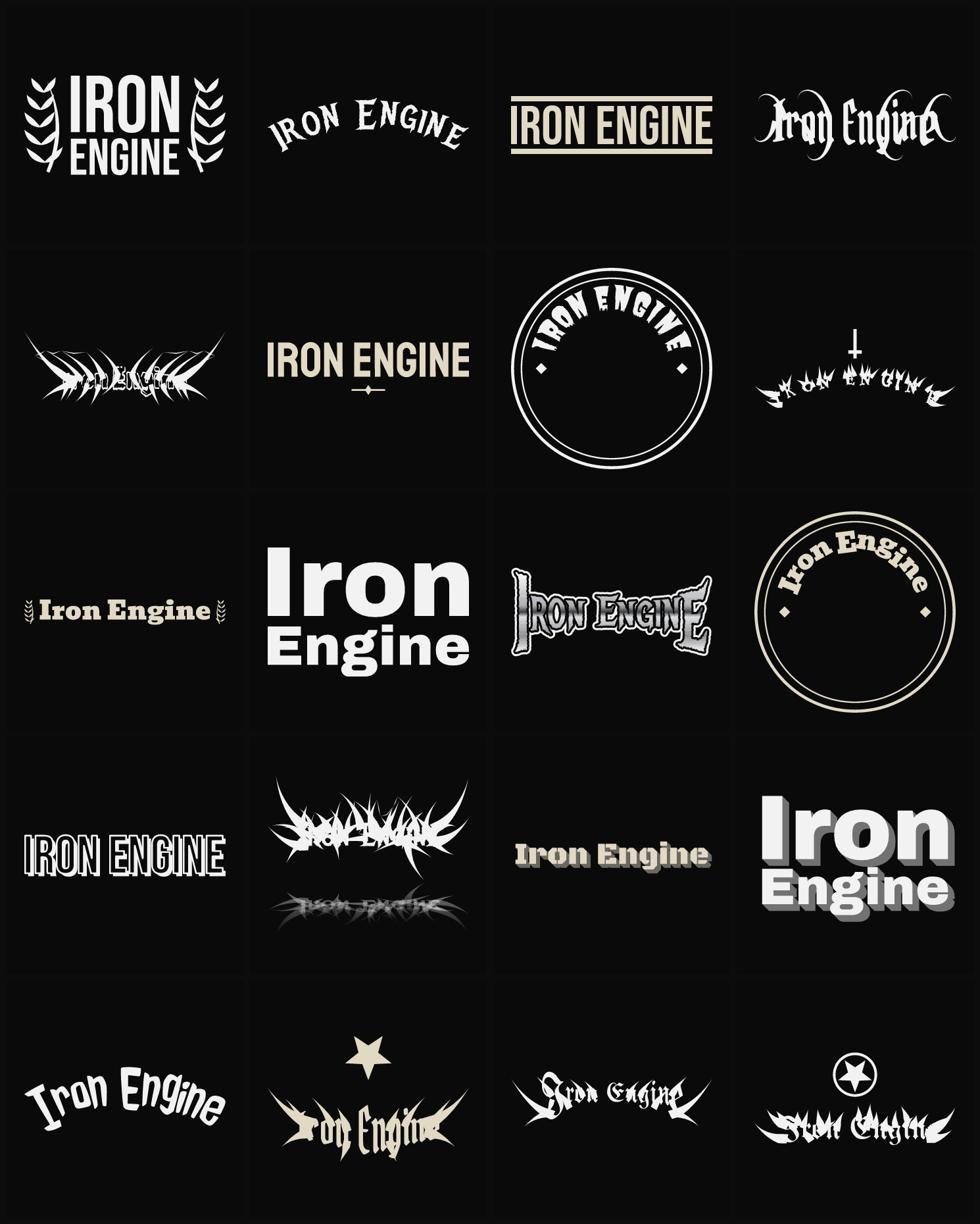Twenty Iron Engine band logo ideas — different faces, treatments and spike settings