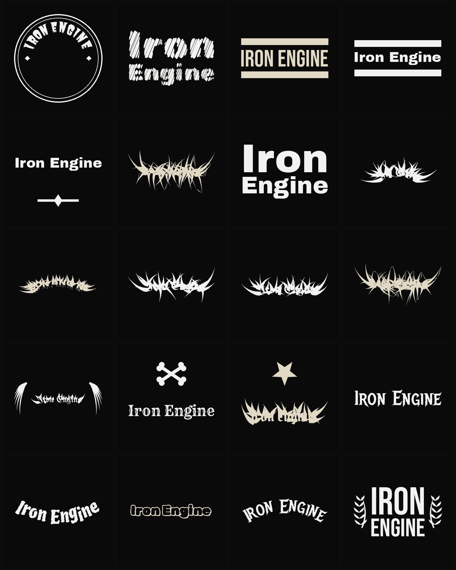 Twenty Iron Engine band logo ideas — different faces, treatments and spike settings