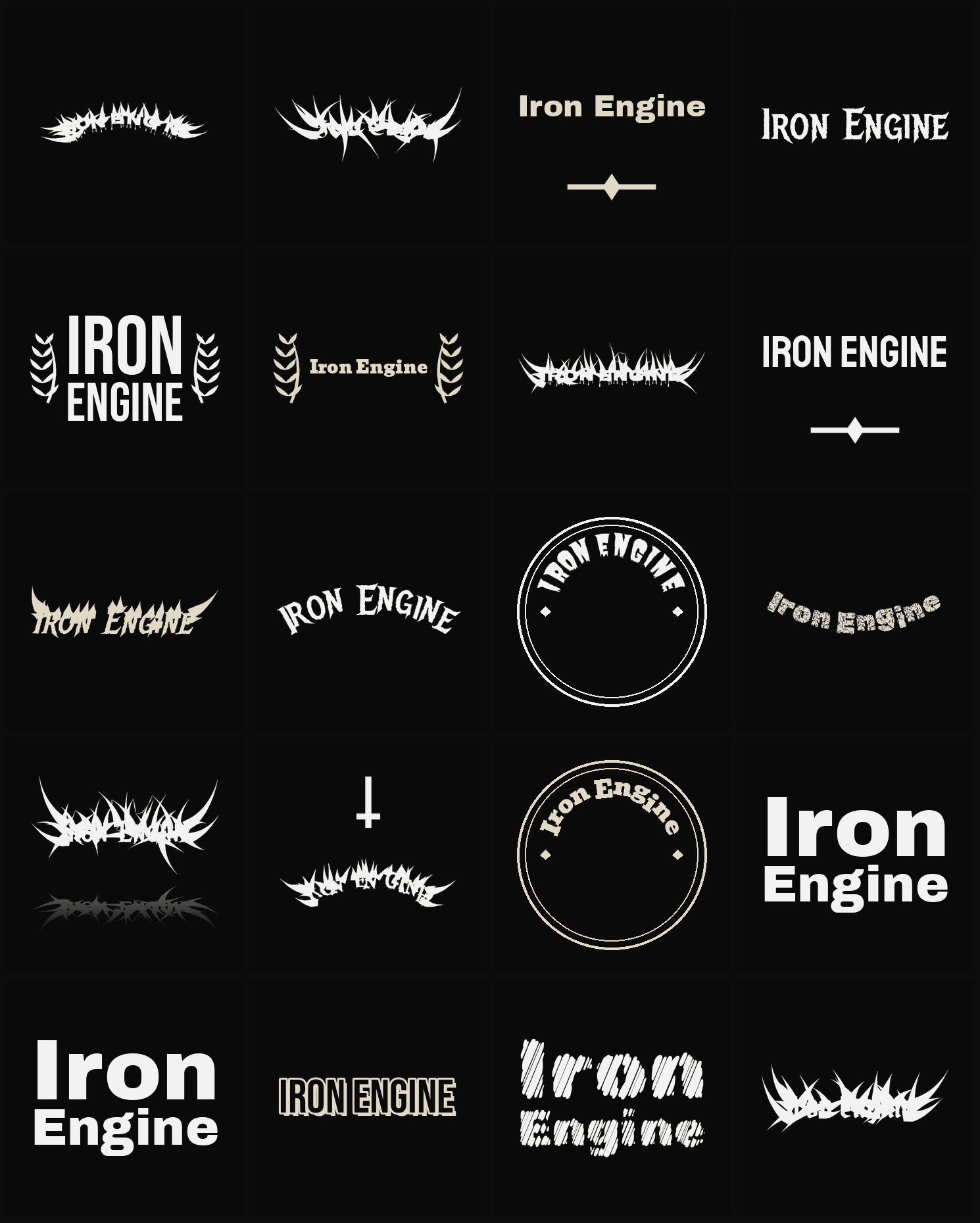 Twenty Iron Engine band logo ideas — different faces, treatments and spike settings