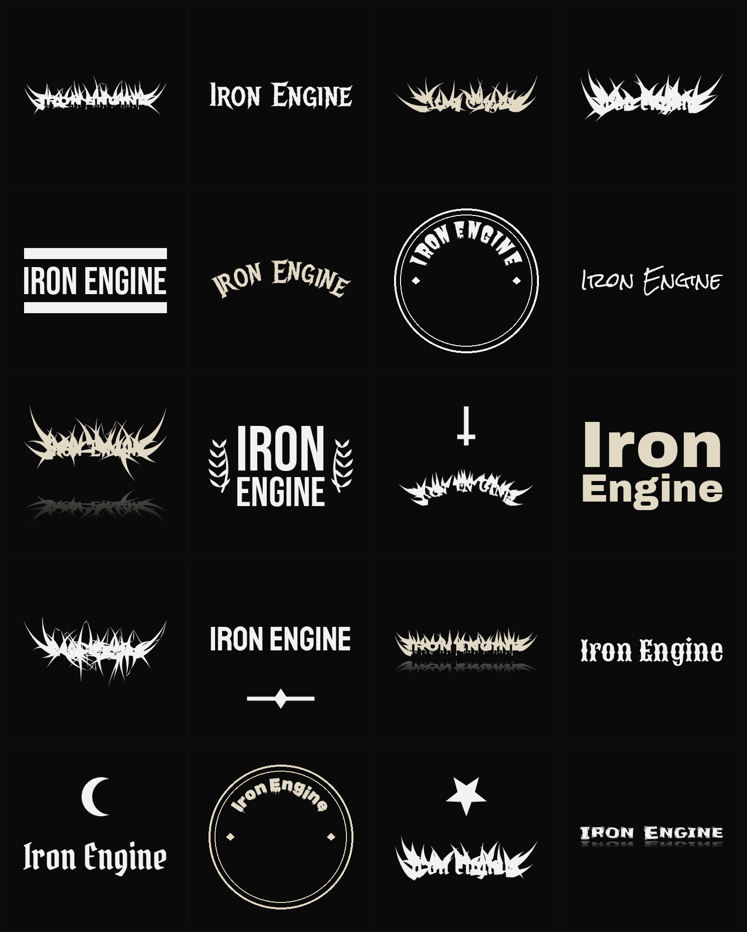 Twenty Iron Engine band logo ideas — different faces, treatments and spike settings