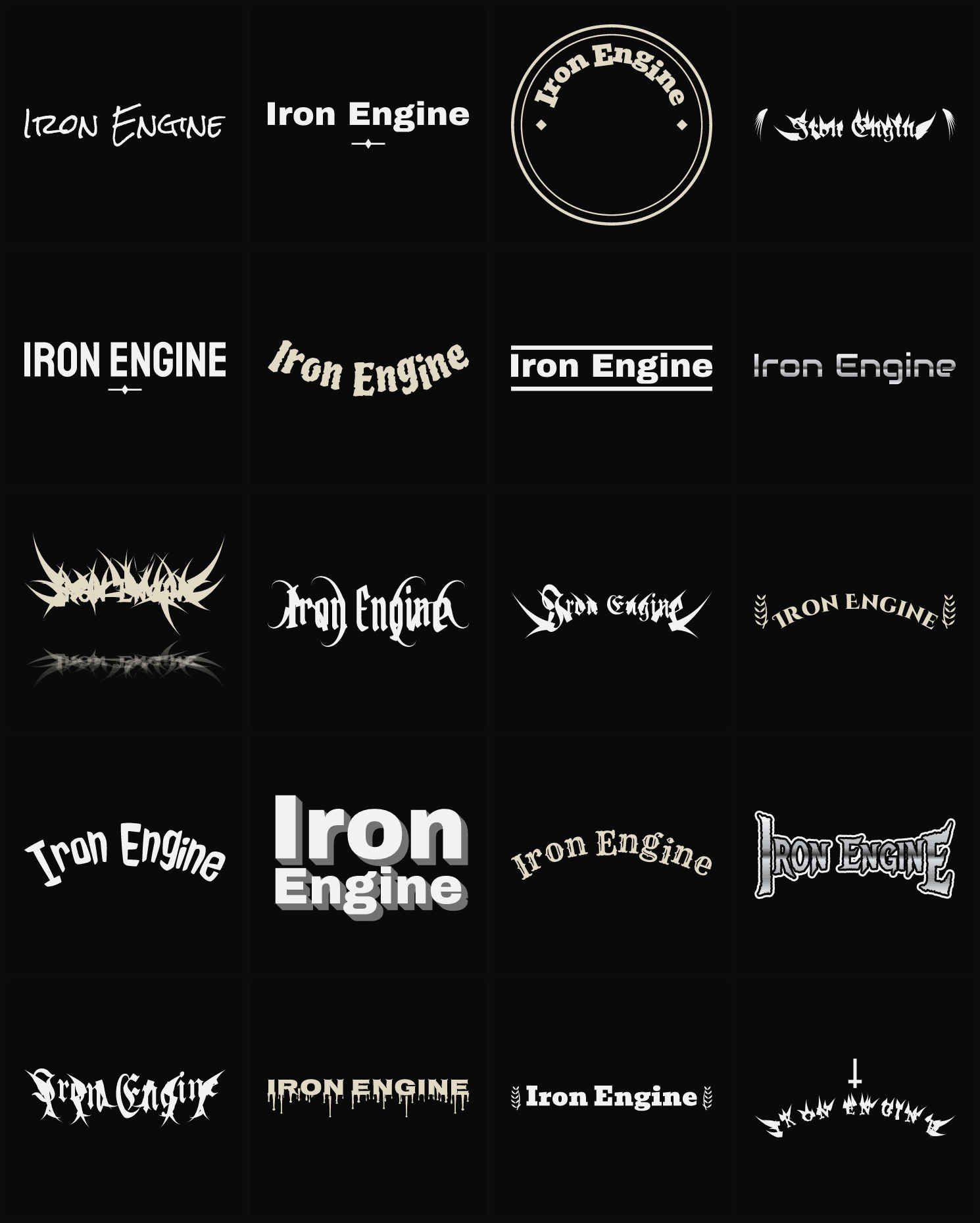 Twenty Iron Engine band logo ideas — different faces, treatments and spike settings