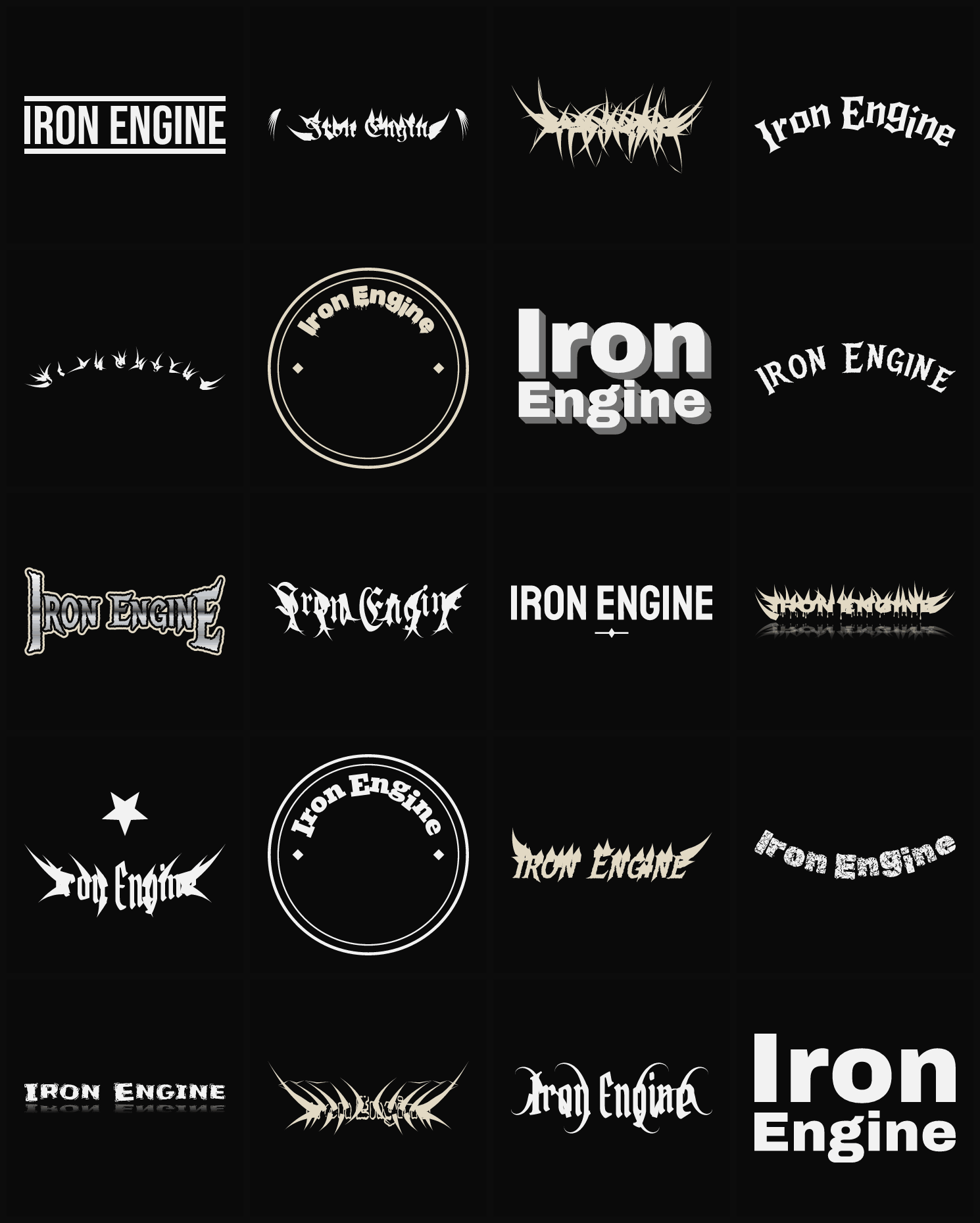 Twenty Iron Engine band logo ideas — different faces, treatments and spike settings
