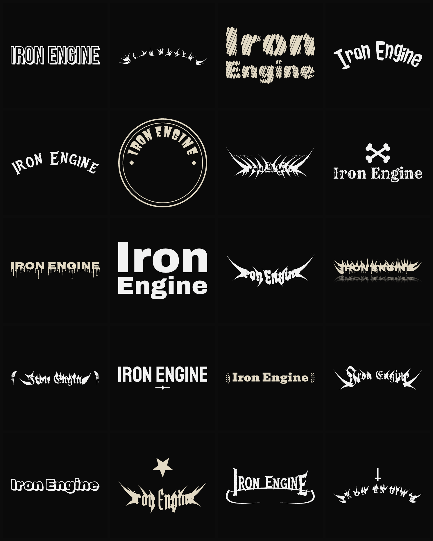 Twenty Iron Engine band logo ideas — different faces, treatments and spike settings
